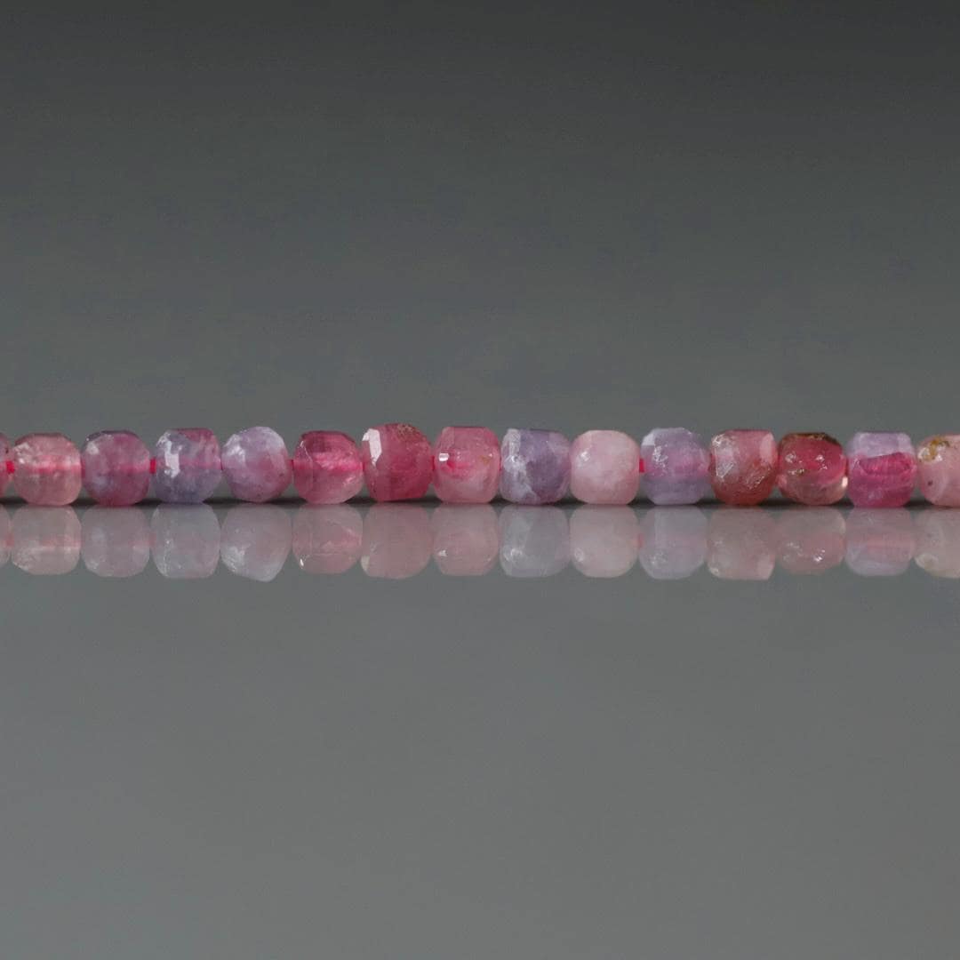 3mm Pink Tourmaline with Lepidolite Beads - Faceted Cube natural Gemstone 15"