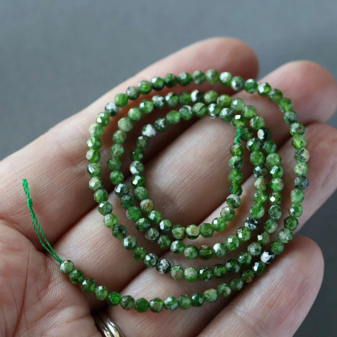 3mm Quartz with Chrome Diopside Beads – Faceted Round Micro Gemstone 15" Strand
