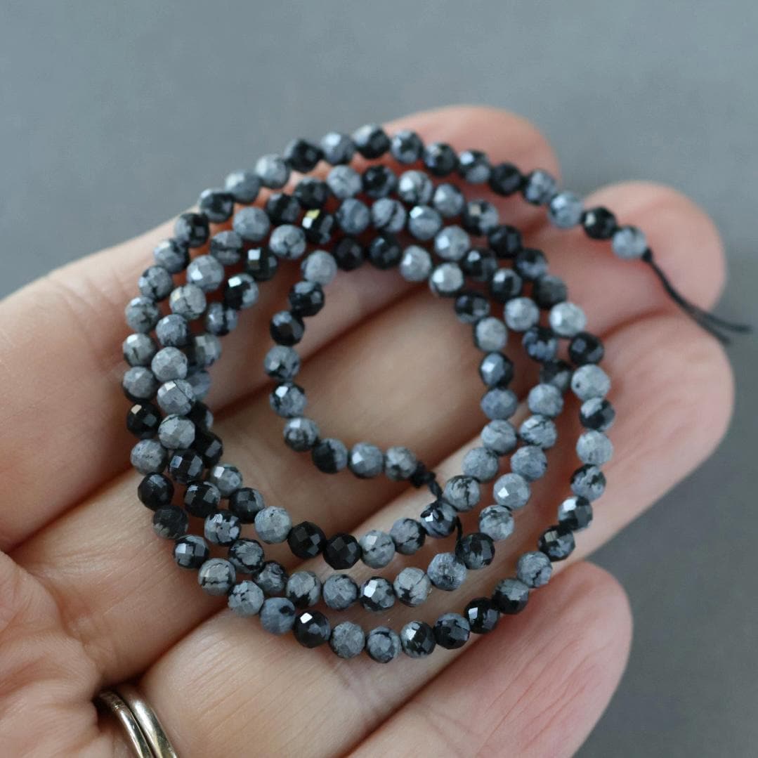3mm Snowflake Obsidian Beads - Faceted Round Micro Gemstone 15" Strand