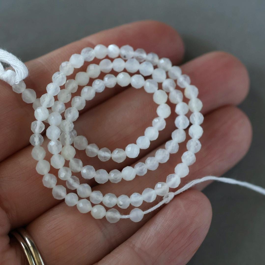 3mm White Agate Beads - Faceted Round Micro Gemstone 12.5" Strand
