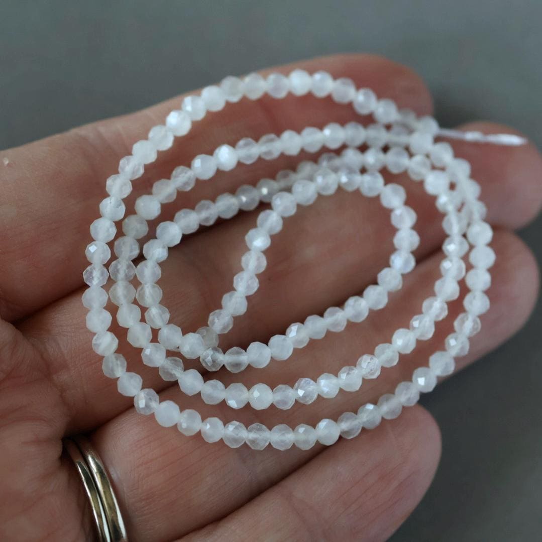 3mm White Moonstone Beads - Faceted Round Micro Gemstone 15" Strand