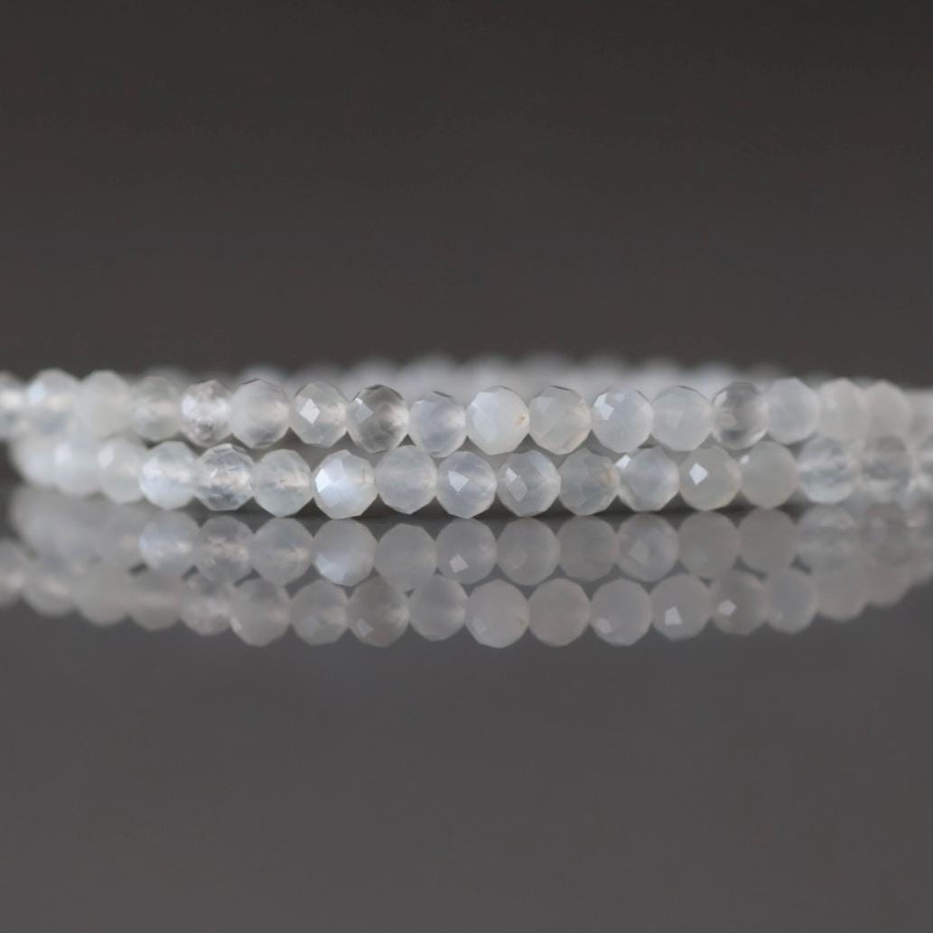 3mm White Moonstone Beads - Faceted Round Micro Gemstone 15" Strand