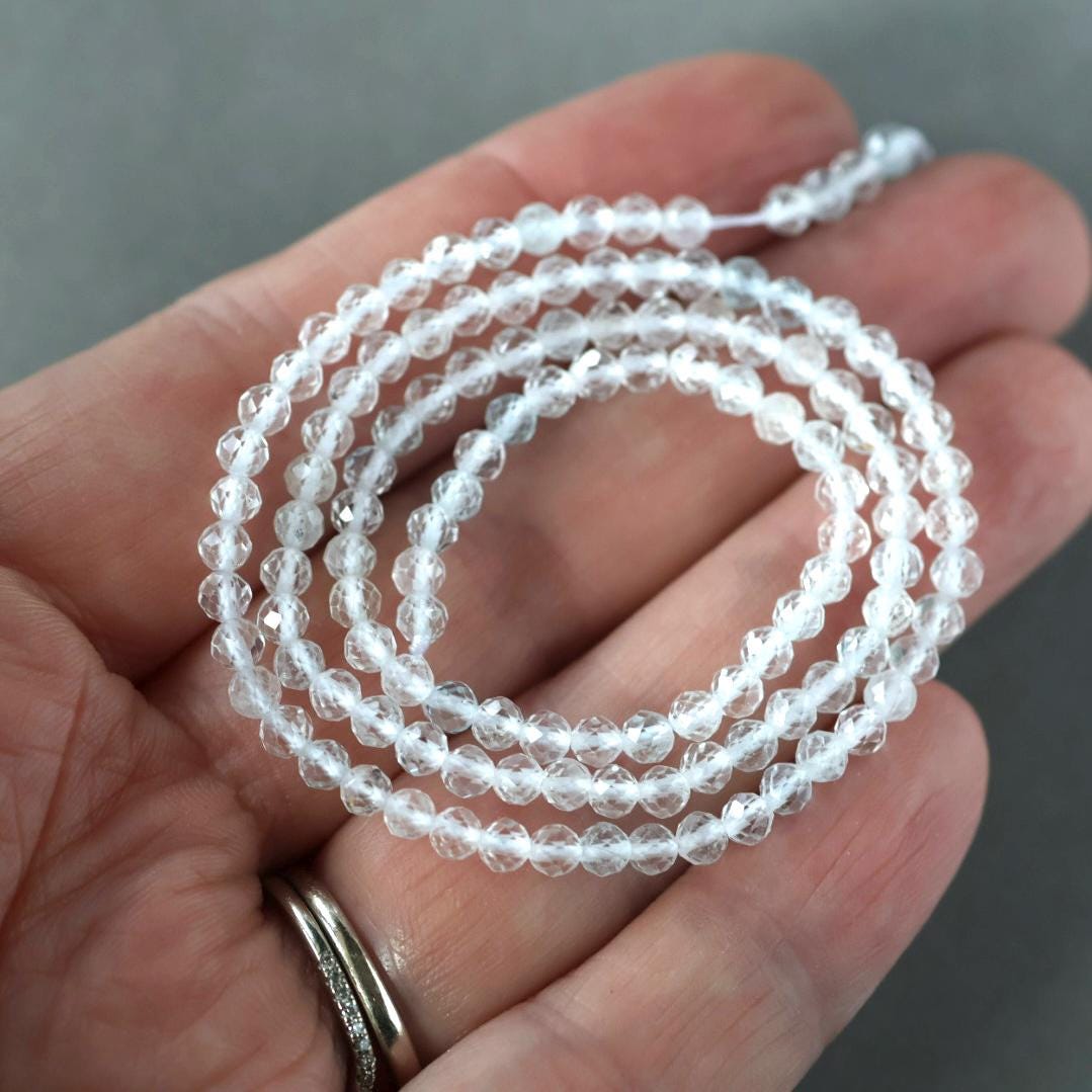 3mm White Topaz Beads - Faceted Round Micro Gemstone 15" Strand