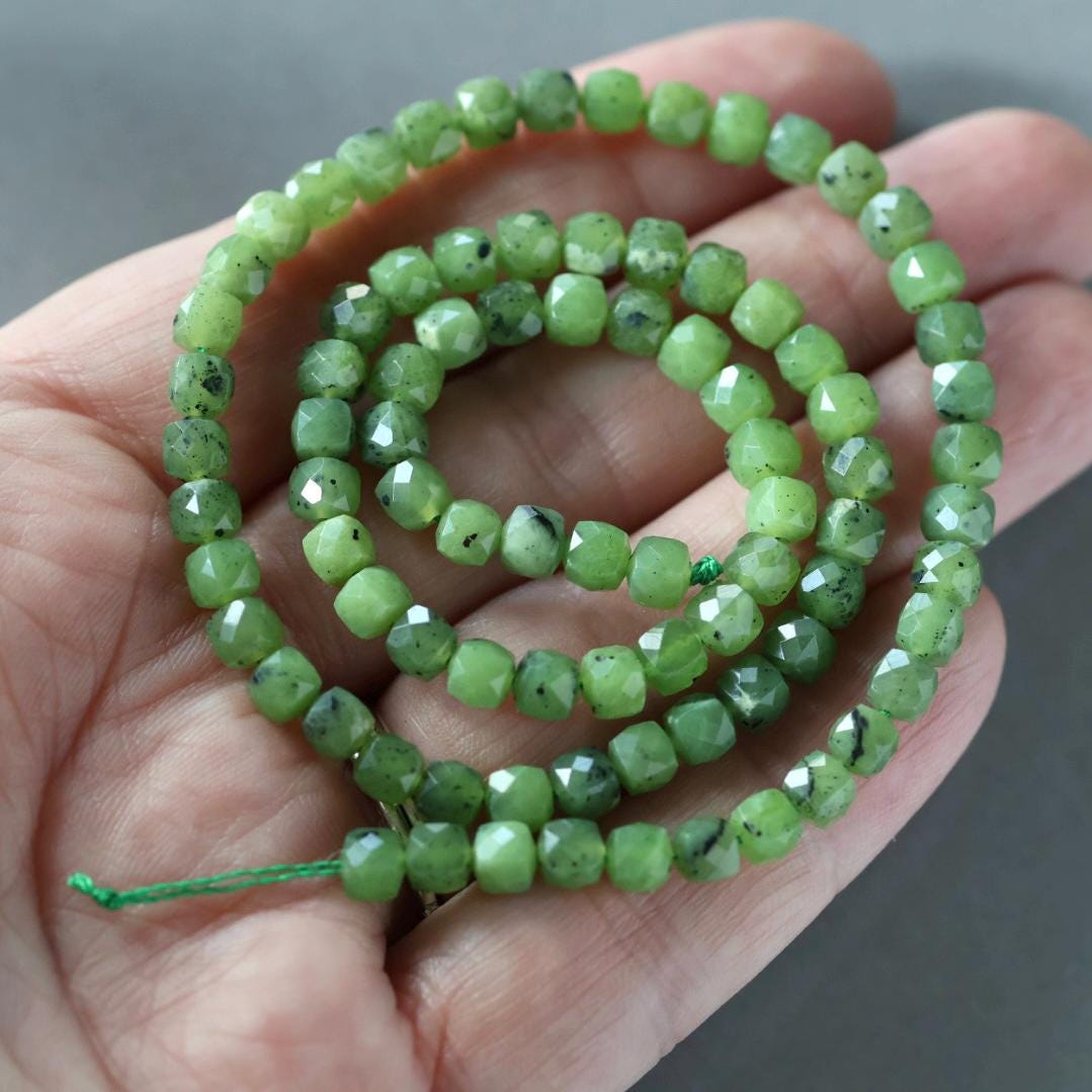 4.5mm Canadian Jade Beads – Natural Faceted Cube Gemstone 15" Strand