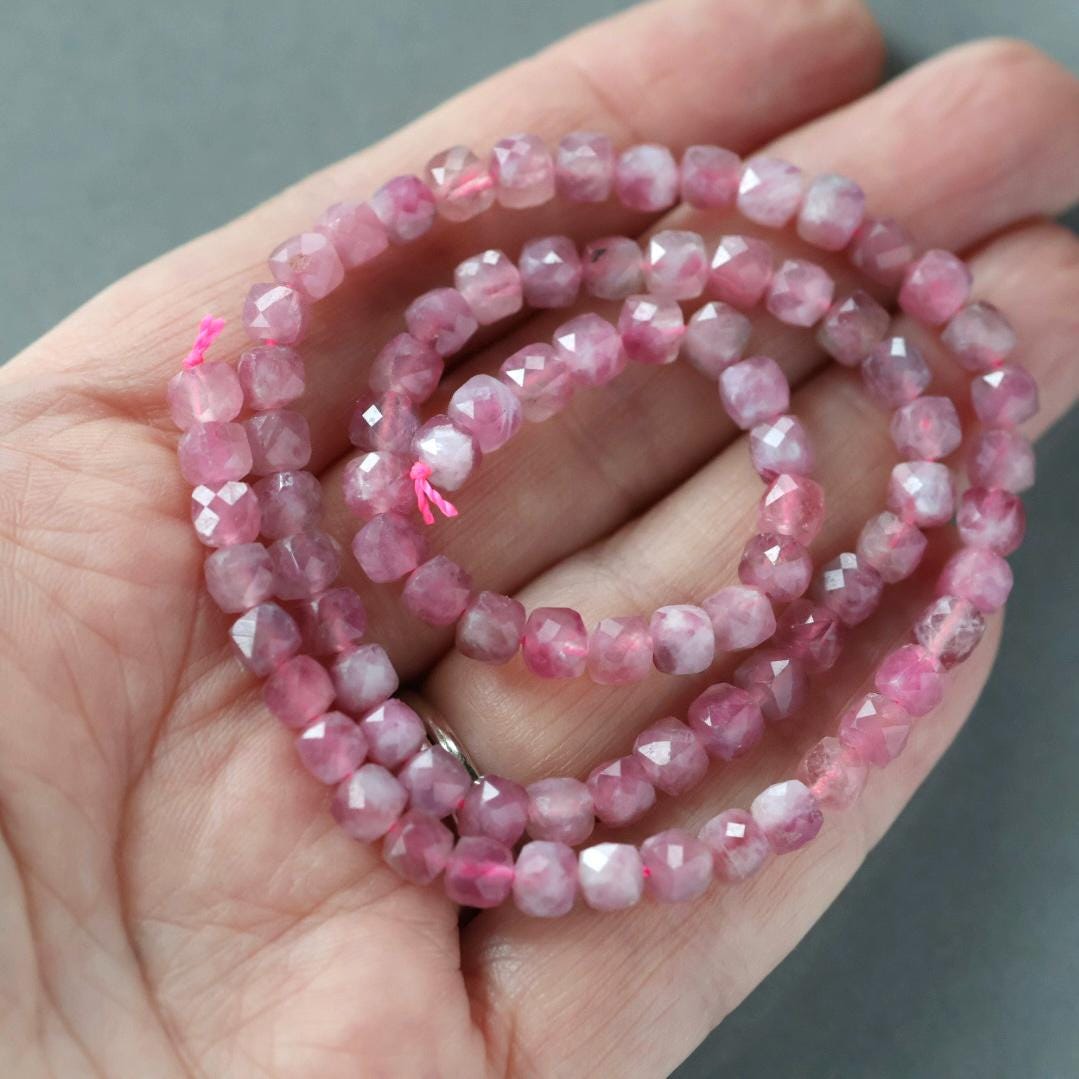 4.5mm Pink Tourmaline Beads – Natural Faceted Cube Gemstone 15" Strand
