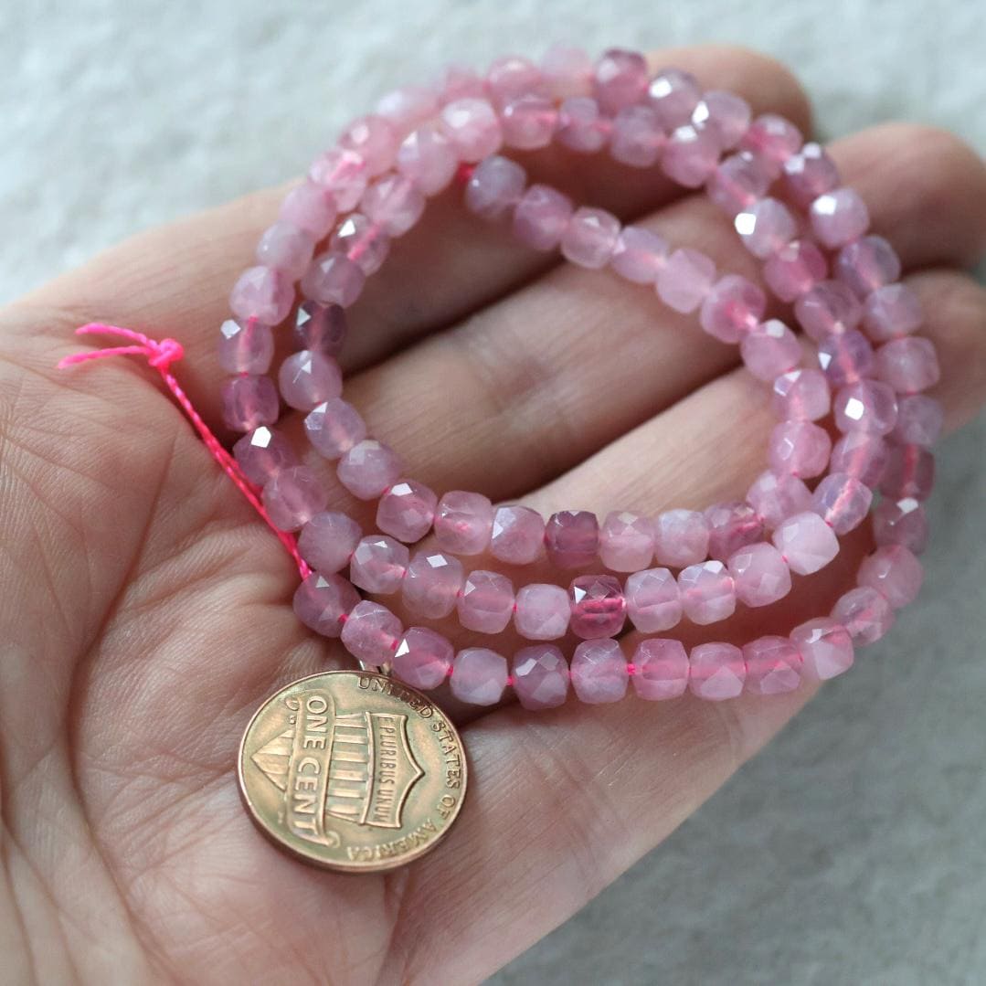 4mm AAA Madagascar Rose Quartz Cube Beads Faceted Gemmy Rose Quartz 7” Genuine Gemstone for Jewelry Making Beading Craft Gift Beads