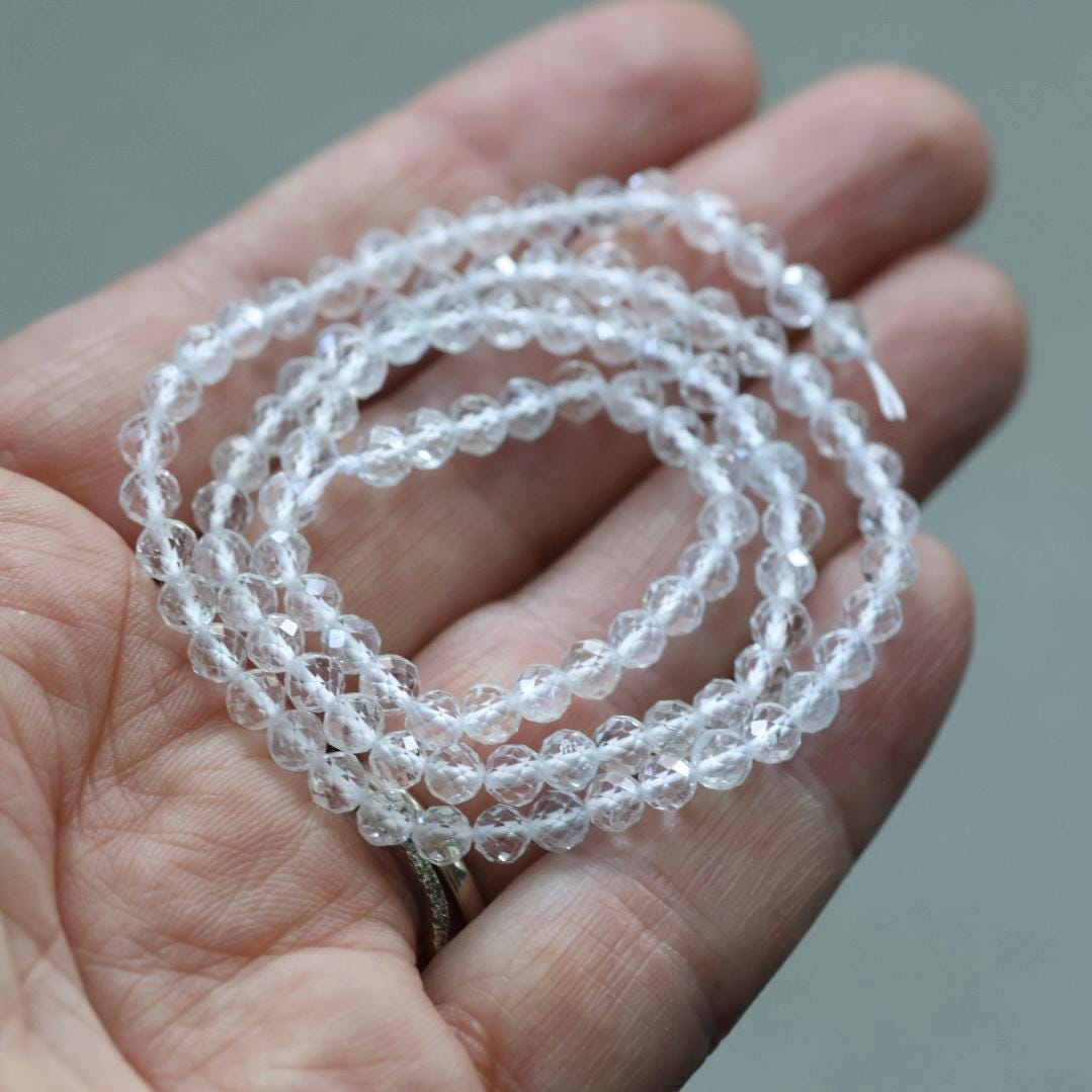 4mm AAA White Topaz Faceted Beads Round 15”Natural Clear Sparkly Gemstone for DIY Jewelry Making Supplies