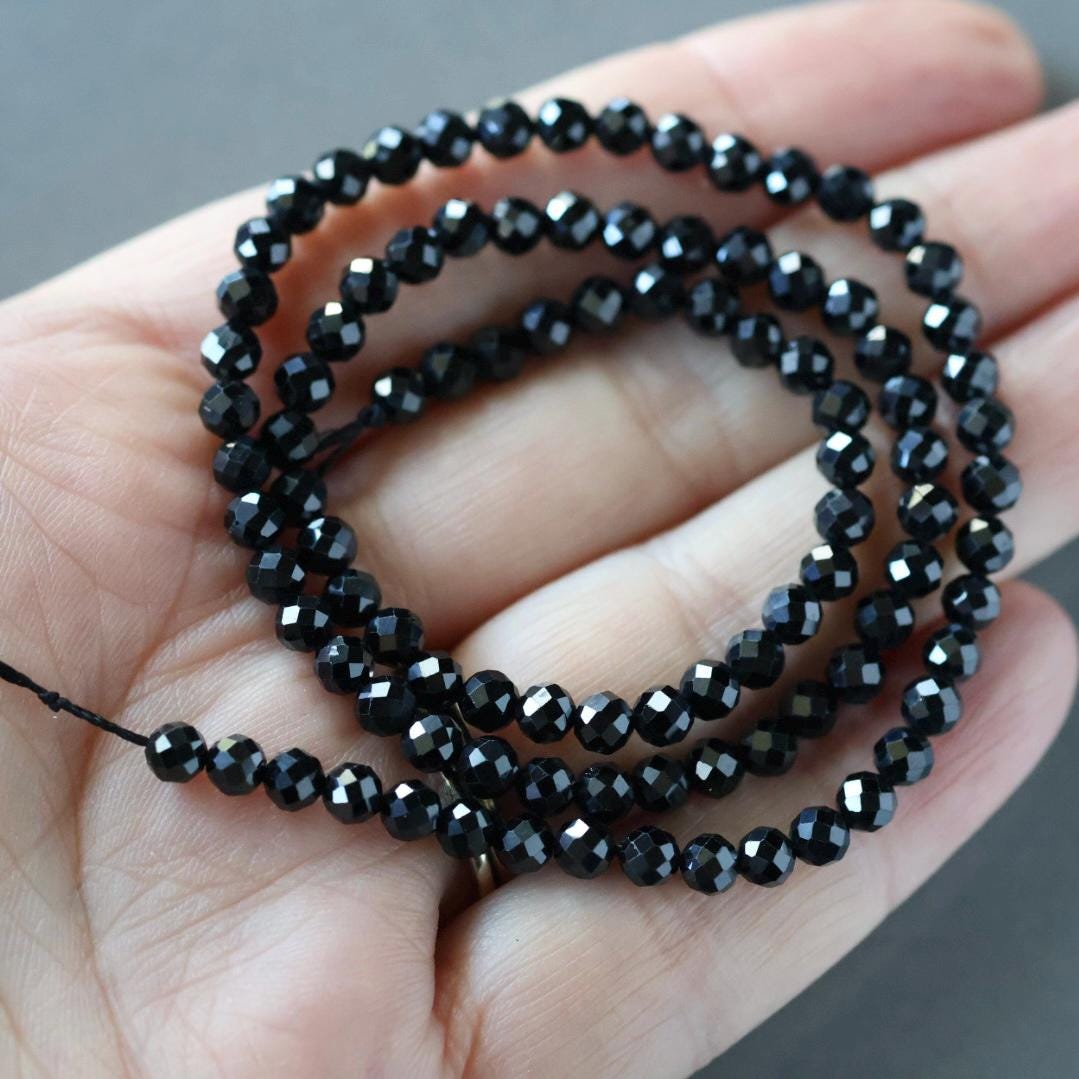 4mm Black Spinel Beads - Faceted Round Natural Gemstone 15" Strand
