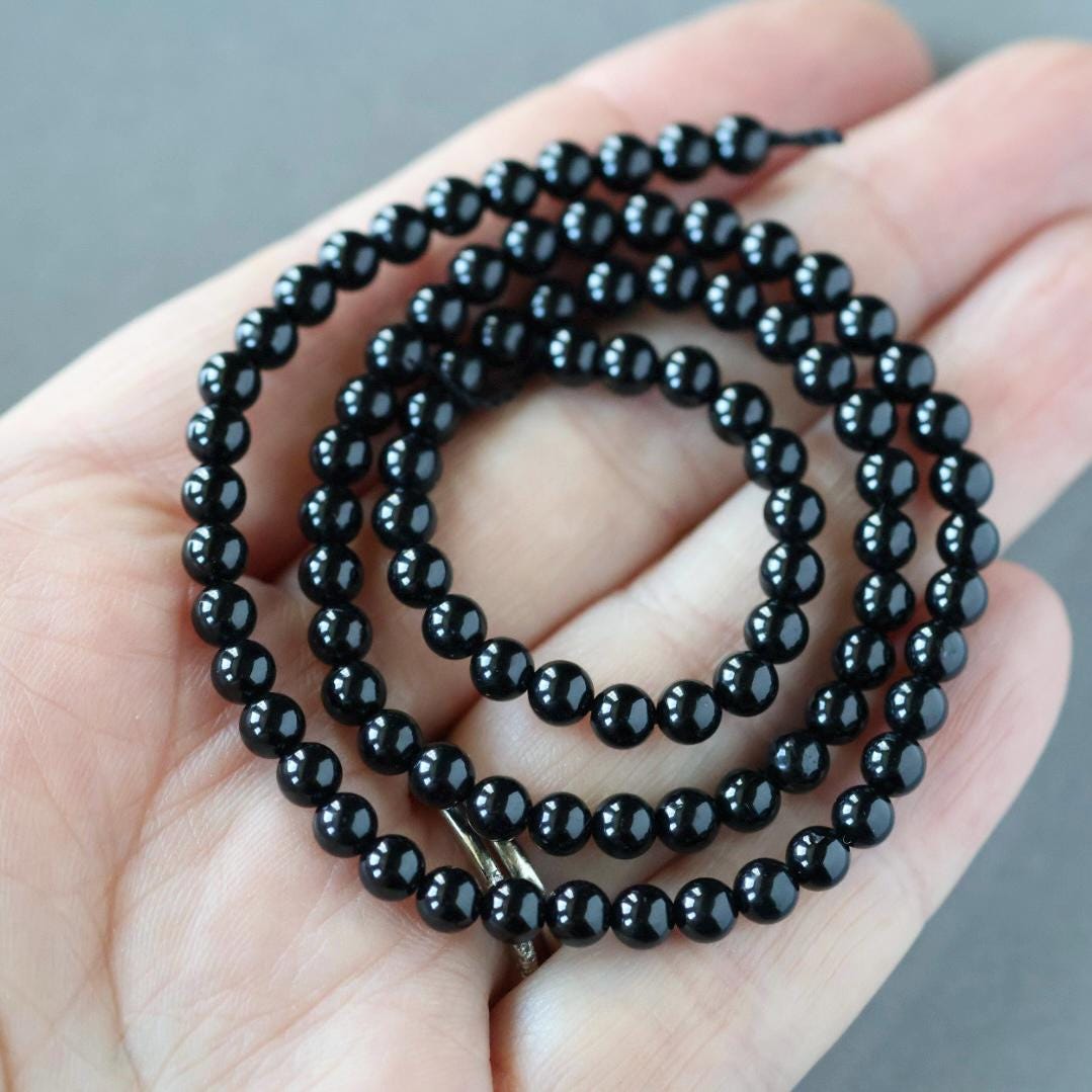 4mm Black Tourmaline Beads - Smooth Round Natural Gemstone 15" Strand