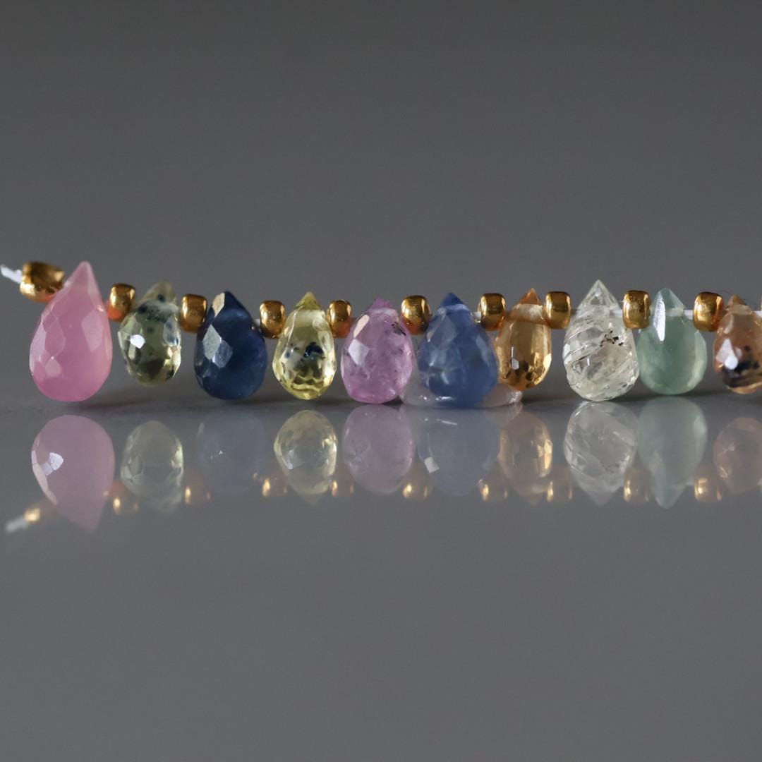 Tiny Multi Sapphire Briolette Beads 4mm Faceted Drops Raw Colorful Sapphire Genuine Gemstone Beads Jewelry Making Gift September Birthstone