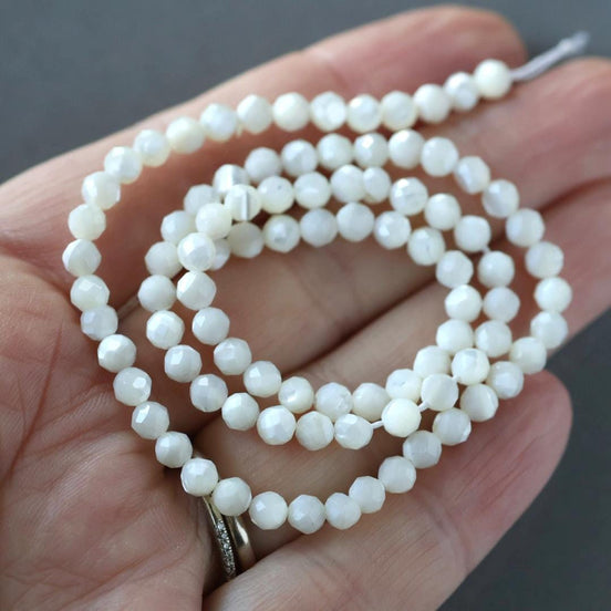 4mm Natural Mother of Pearl Beads Faceted MOP Genuine Shell Beads 15" Gemstone Jewelry Making Gift for crafter