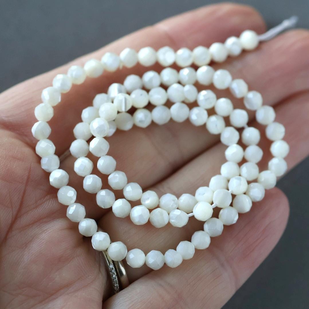 4mm Natural Mother of Pearl Beads - Faceted Round Natural Gemstone 15" Strand