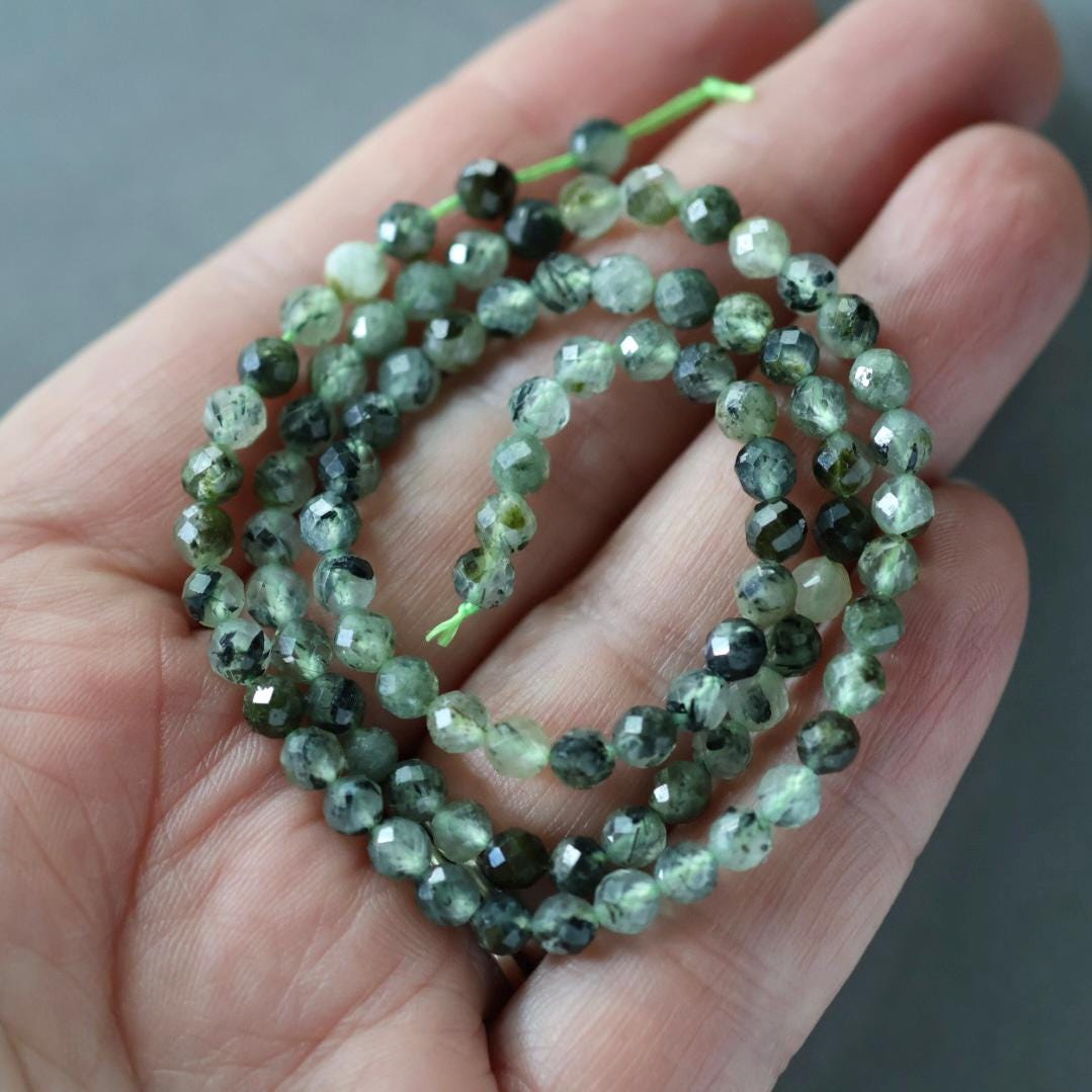 4mm Prehnite Epidote Black Tourmaline Beads Faceted Round 15" Pale Green Natural Gemstone Beads Beading Crafter Gift DIY jewelry making