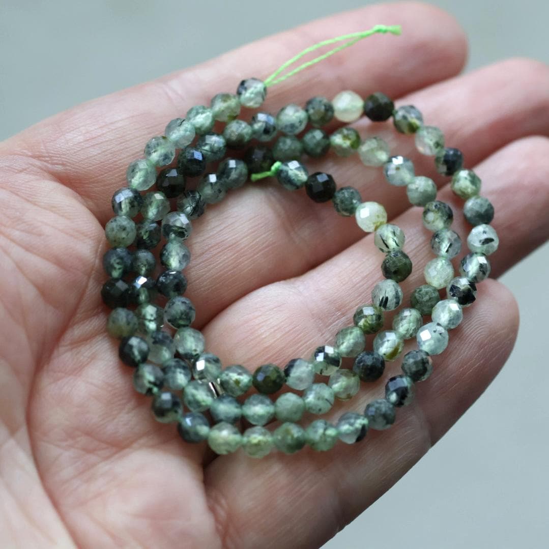 4mm Prehnite, Epidote, and Black Tourmaline Faceted Round Beads 15"