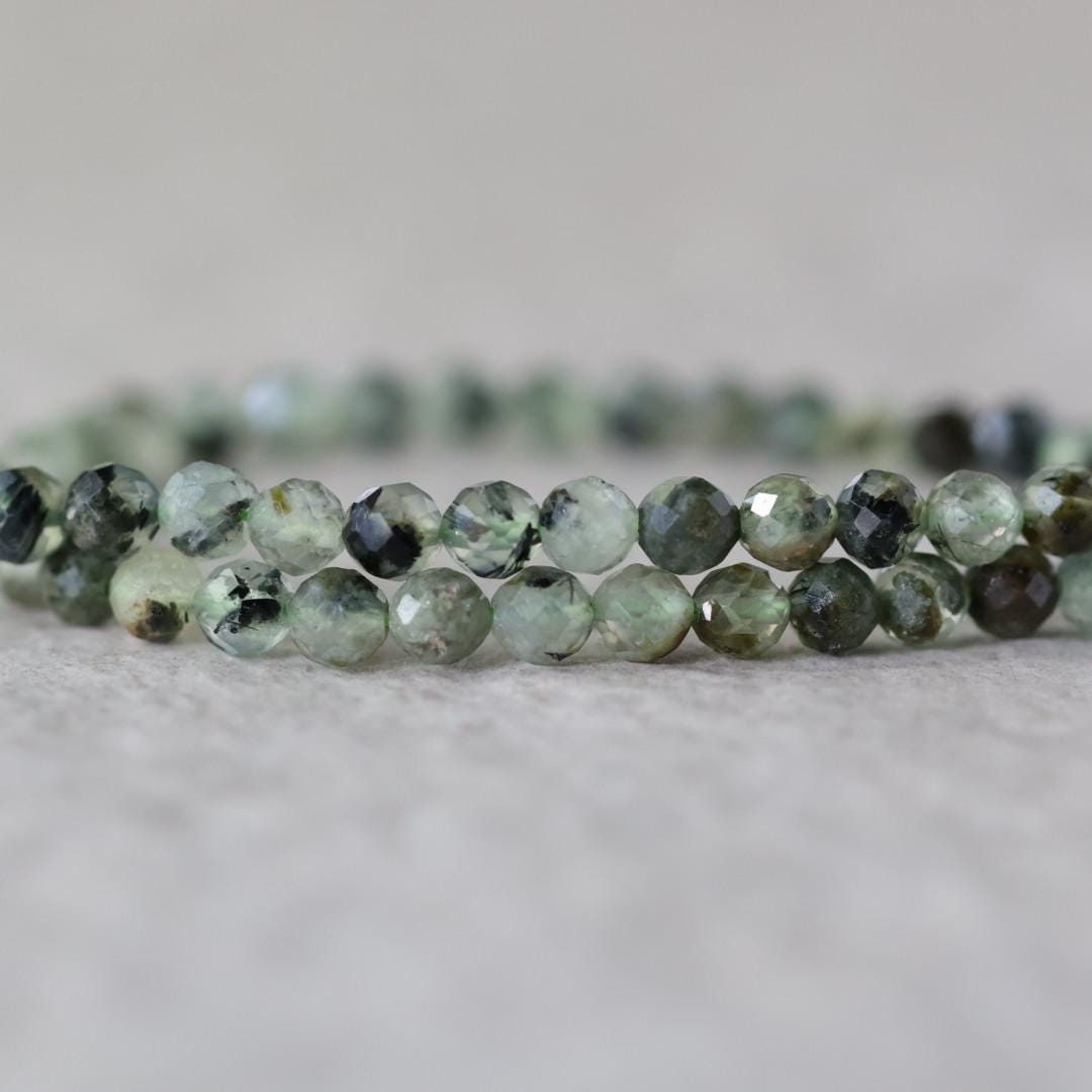 4mm Prehnite, Epidote, and Black Tourmaline Faceted Round Beads 15"