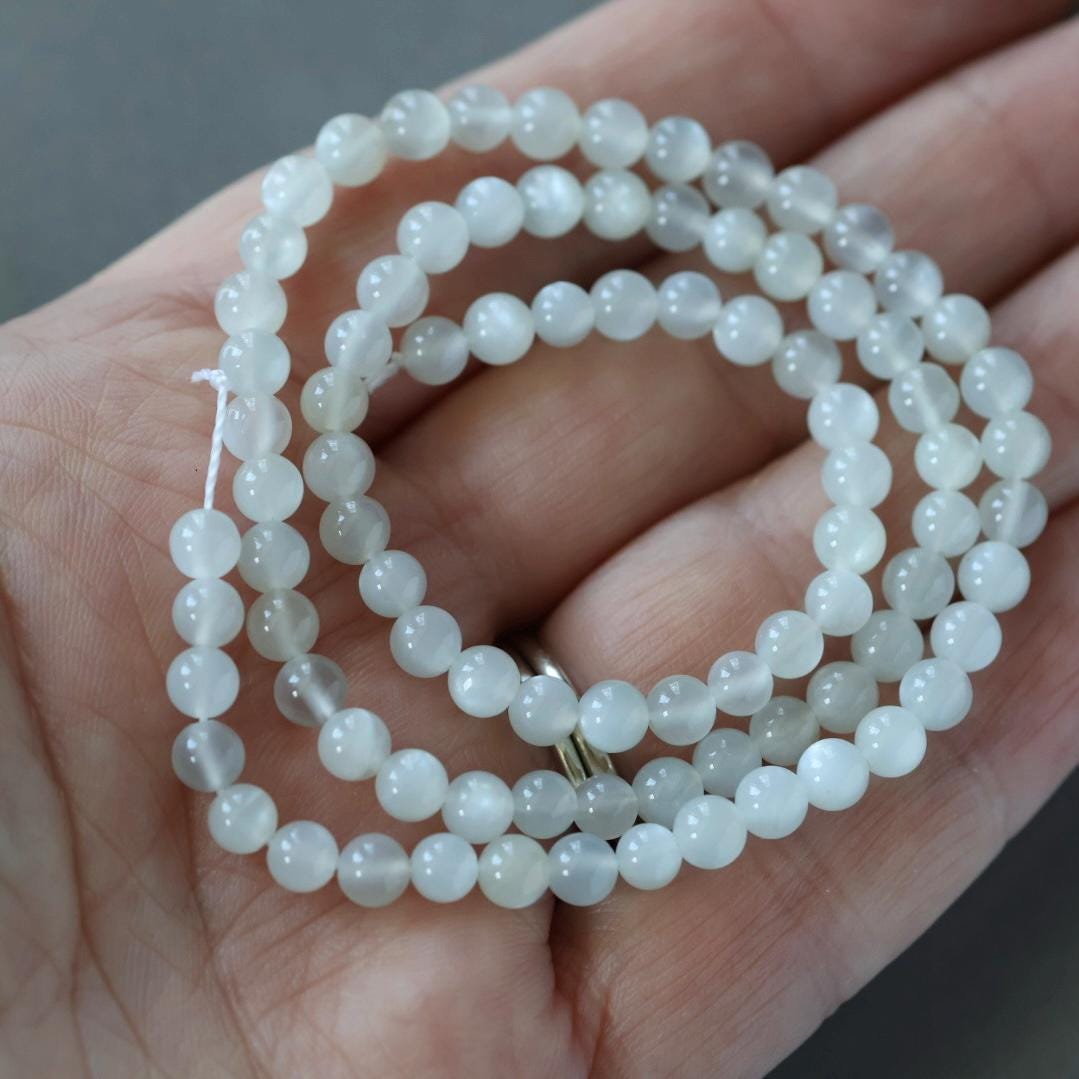 4mm White Moonstone Beads - Smooth Round Natural Gemstone 15" Strand