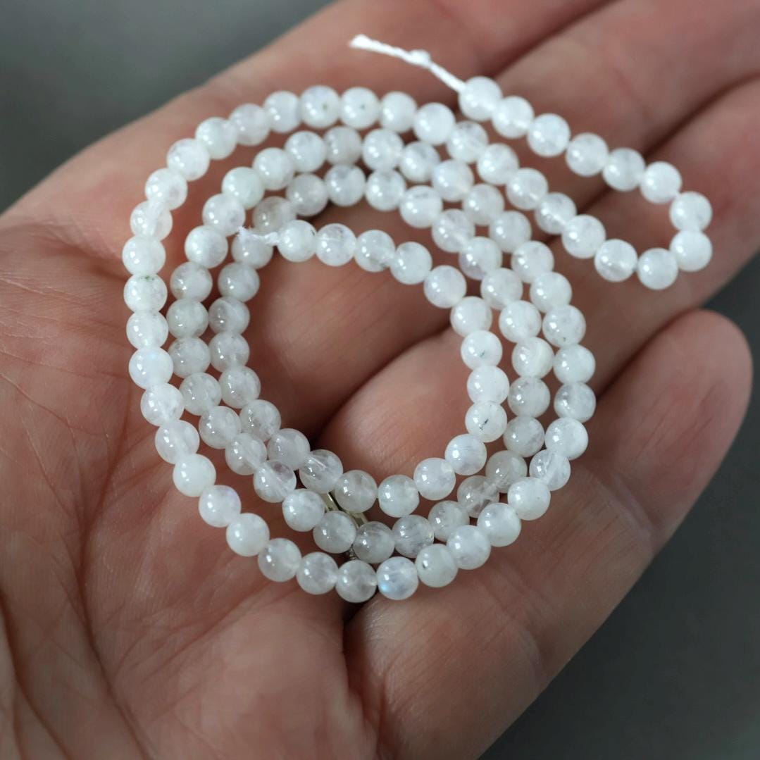 4mm White Rainbow Moonstone Beads - Smooth Round Natural Gemstone 15" Strand