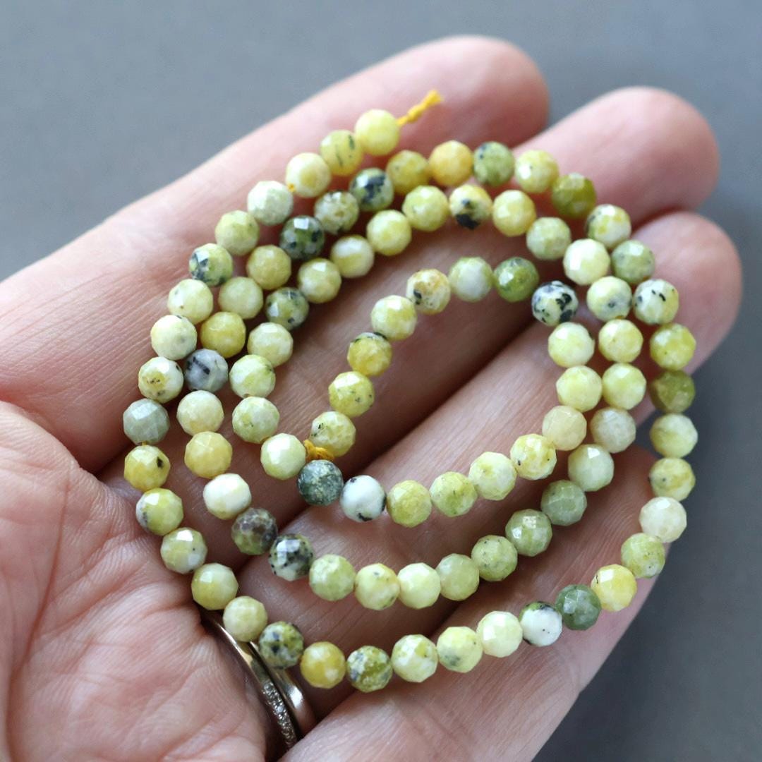 4mm Yellow Serpentine Lizardite Beads - Faceted Round Natural Gemstone 15" Strand
