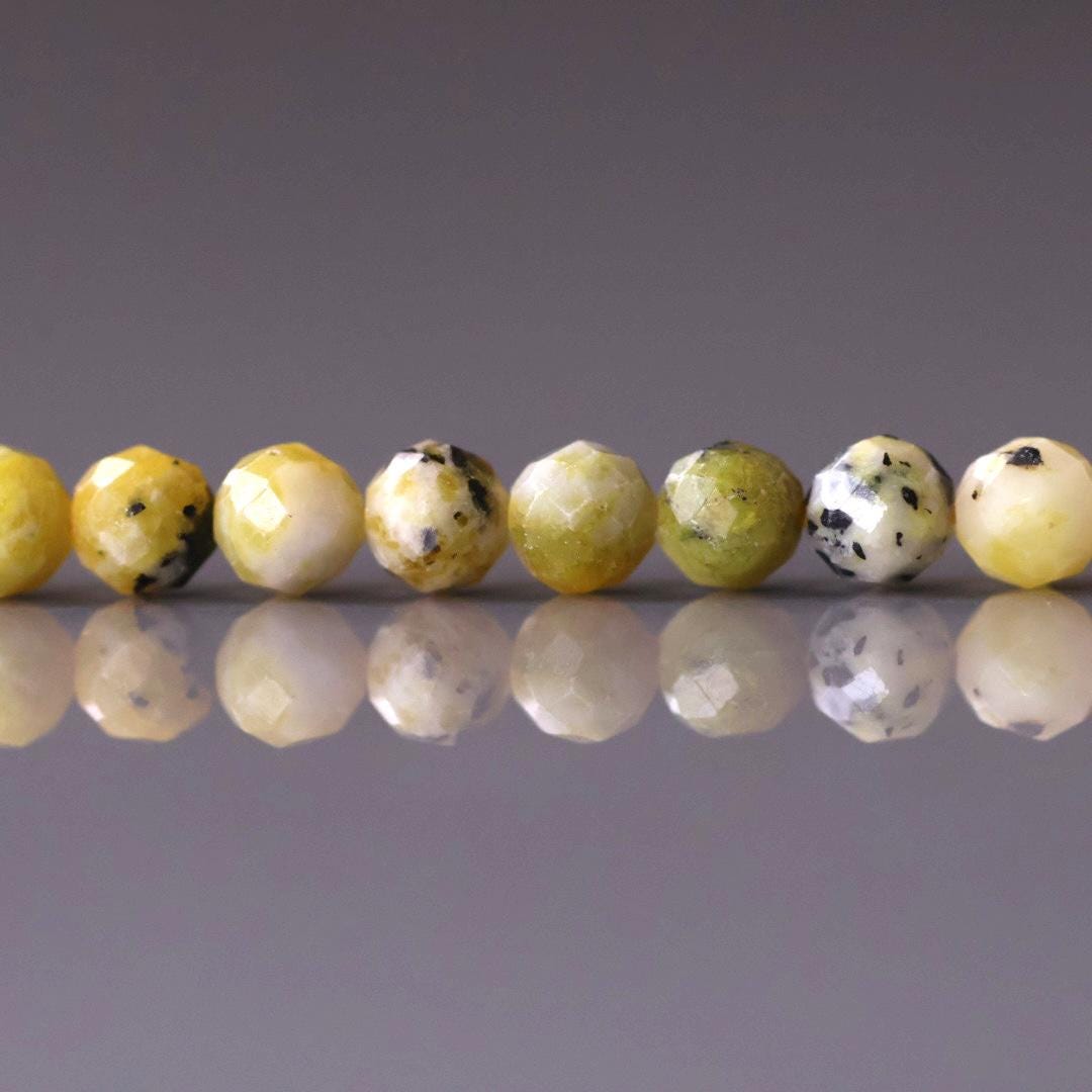 4mm Yellow Serpentine Lizardite Beads - Faceted Round Natural Gemstone 15" Strand