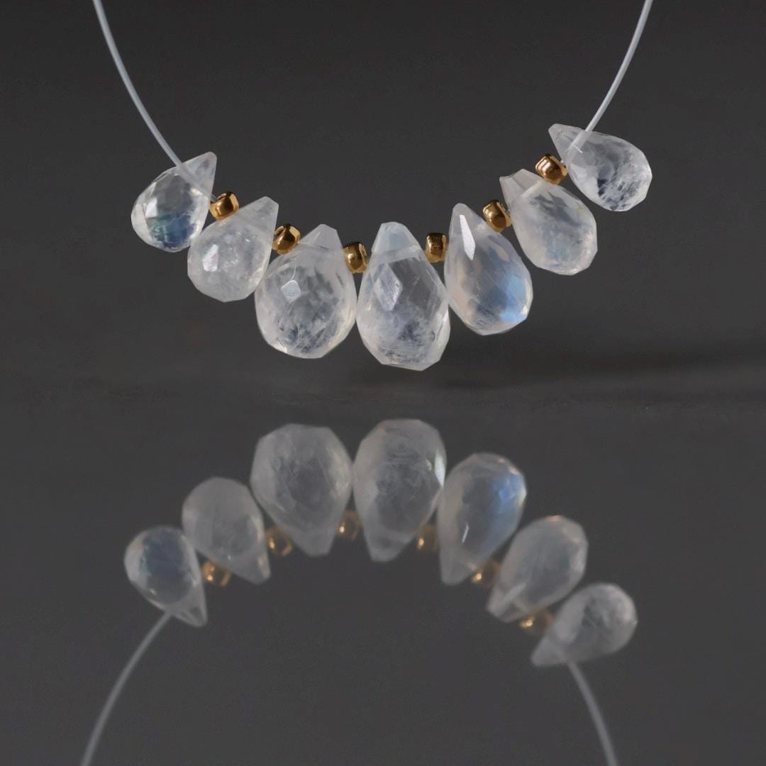 4x8mm Rainbow Moonstone Beads - Faceted Drops Natural Gemstone 7 Pcs