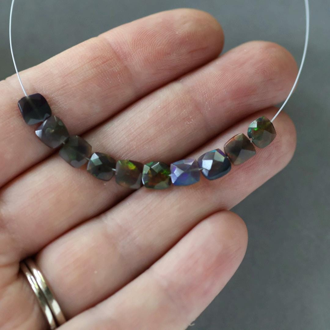 5-6mm Black Ethiopian Opal Square Beads Faceted Flat Natural Welo Opal Genuine Bead DIY Jewelry Making Craft Gift Beads October Birthstone