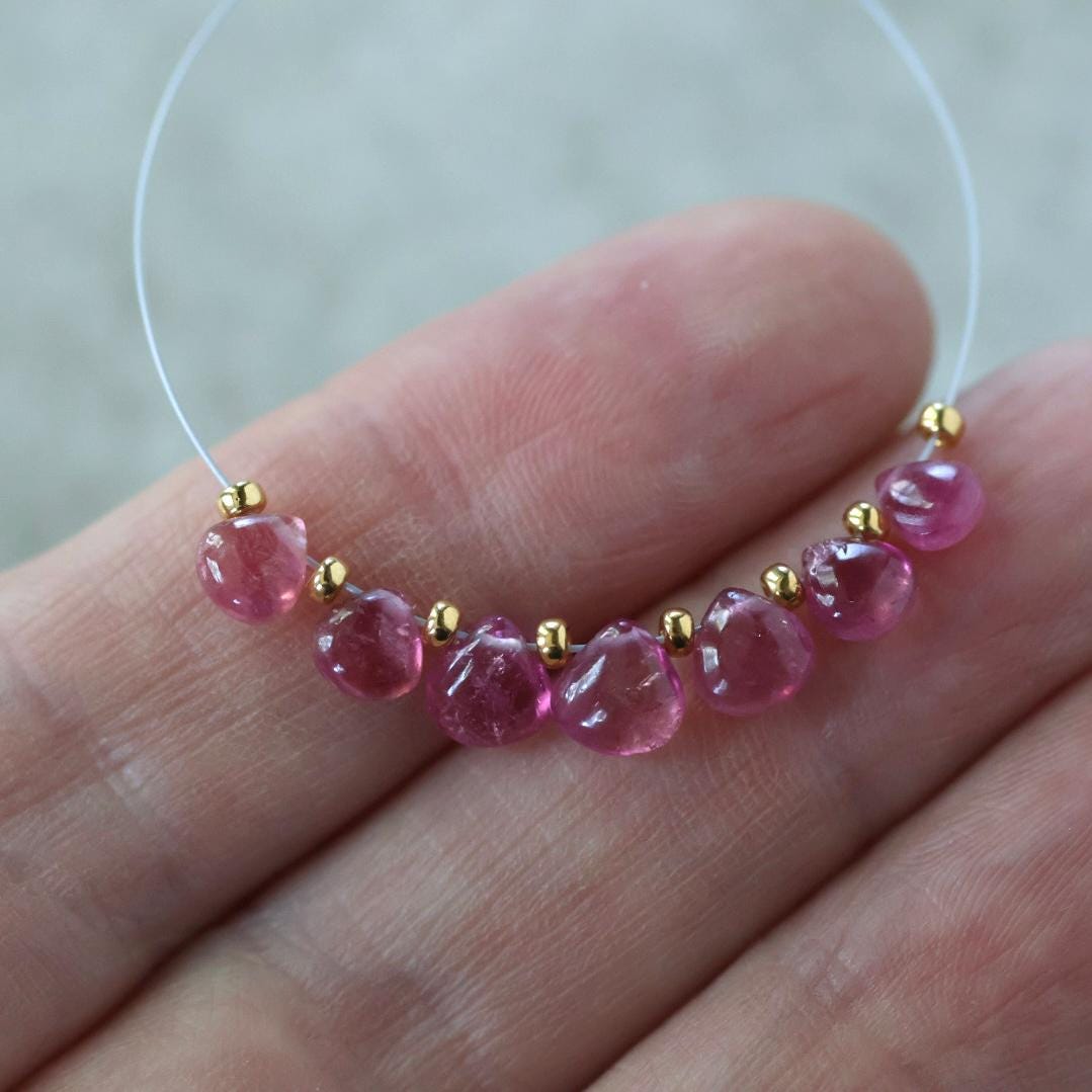 5-6mm Tiny Pink Tourmaline Briolette Beads Heart Drops Teardrops 7 PCs Natural Gemstone for DIY Jewelry Making Supplies Earrings