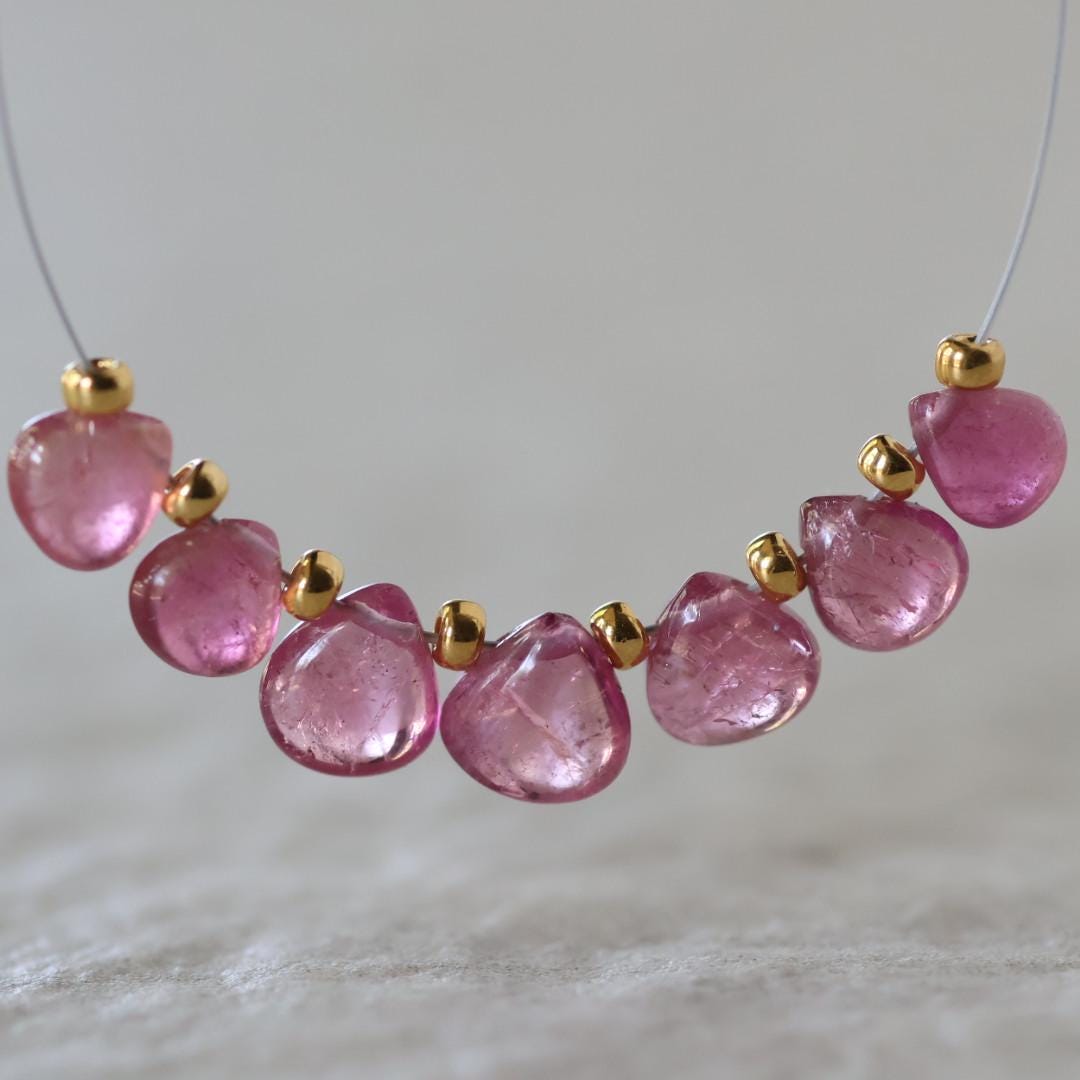 5-6mm Tiny Pink Tourmaline Briolette Beads Heart Drops Teardrops 7 PCs Natural Gemstone for DIY Jewelry Making Supplies Earrings