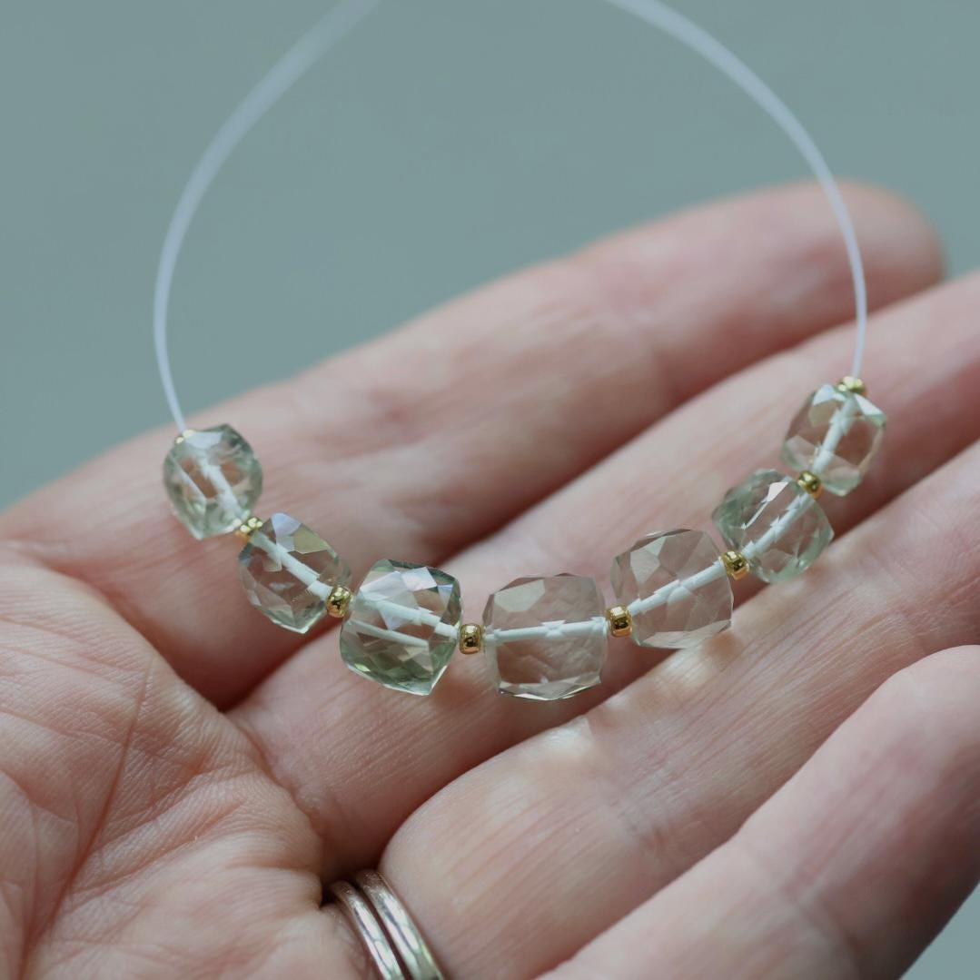 6-8mm AAA Green Amethyst Cube Beads Faceted Prasiolite Transparent Sparkly Natural Gemstone for DIY Jewelry Making Supplies
