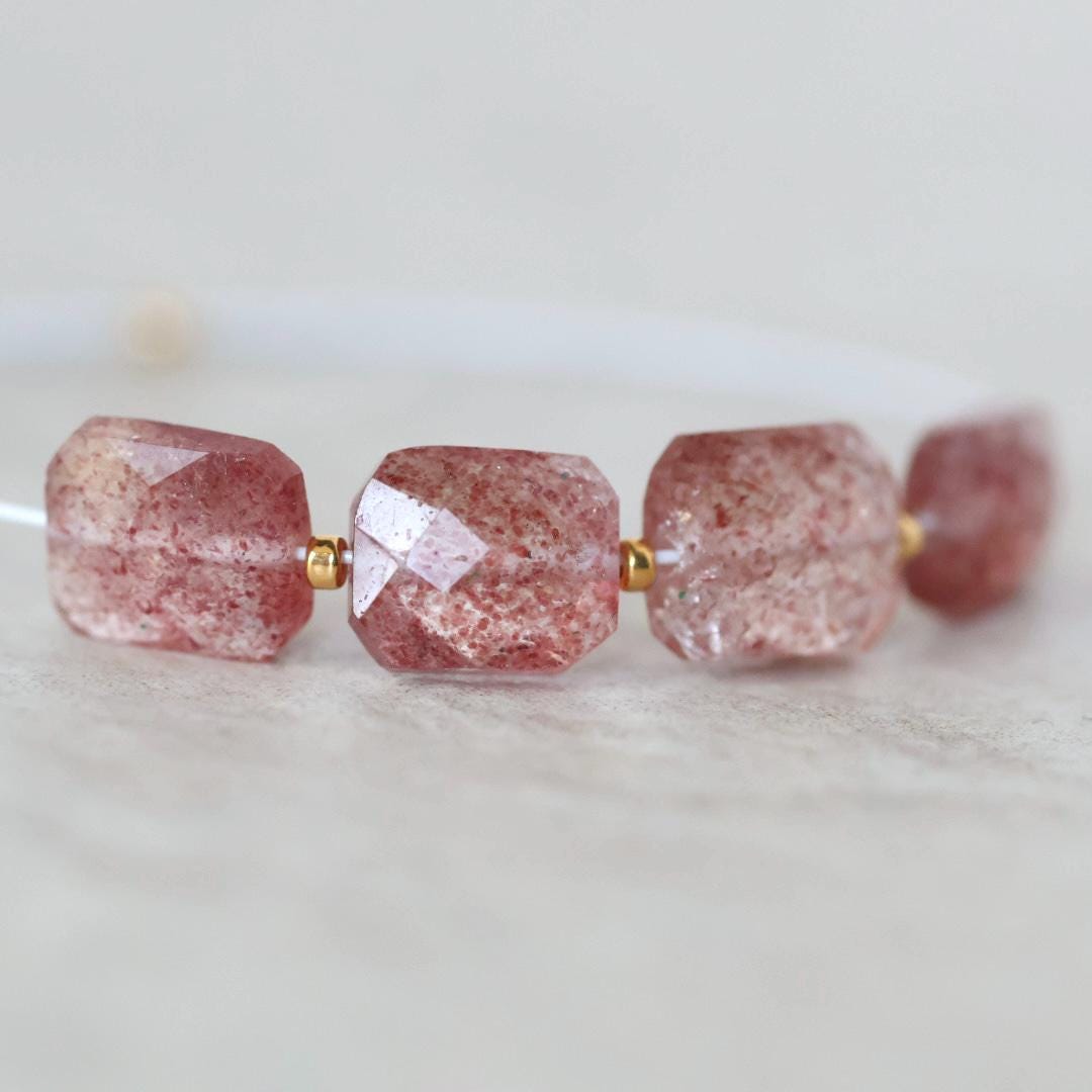 6mm AAA Brazilian Strawberry Quartz Beads Faceted Rectangle Square 4 Pcs Natural Gemstone for DIY Jewelry Making Supplies