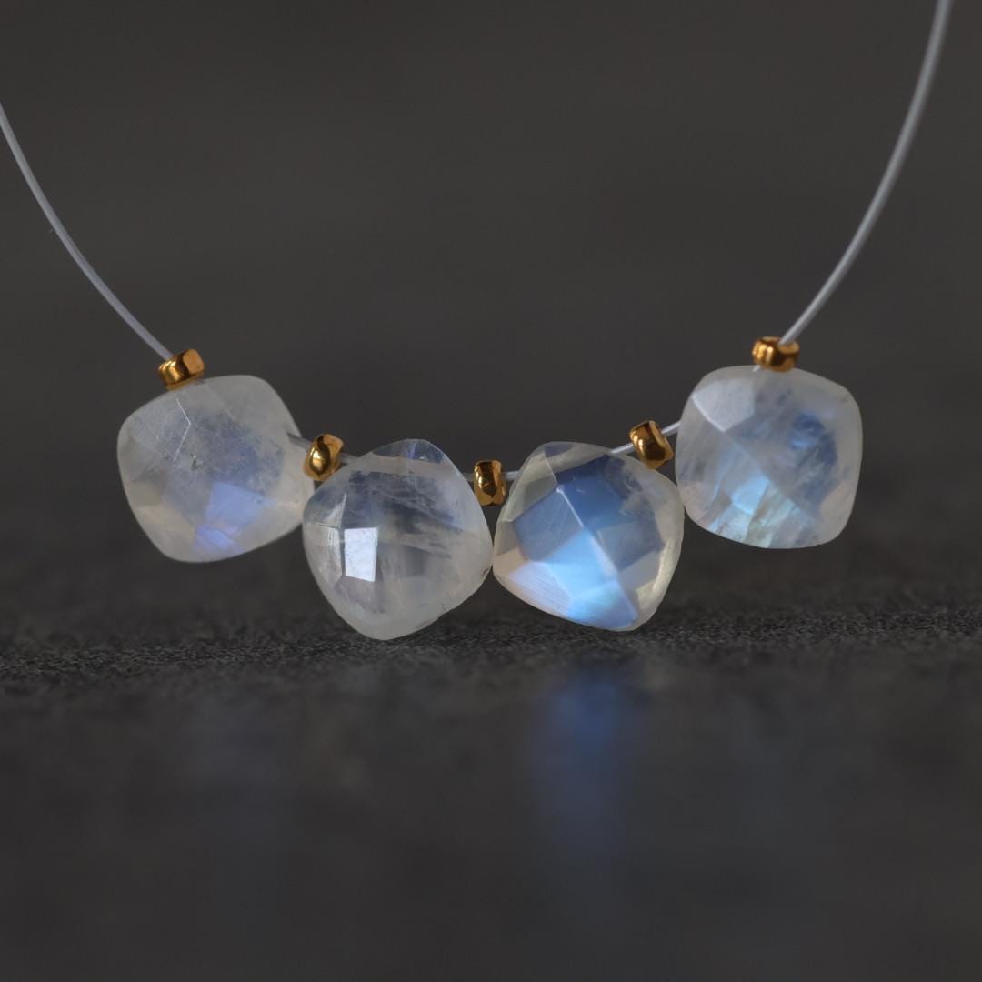 6mm Rainbow Moonstone Square Beads - Faceted Briolette Natural Gemstone 4 Pcs