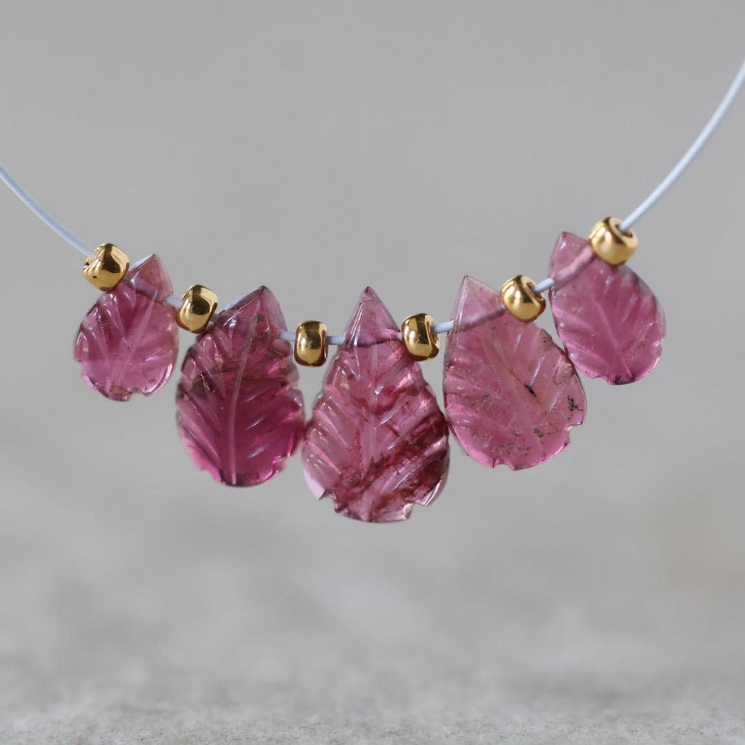 7-10mm Pink Tourmaline Carved Beads Leaf Briolettes 5 PCs Natural Gemstone for DIY Jewelry Making Supplies Earrings