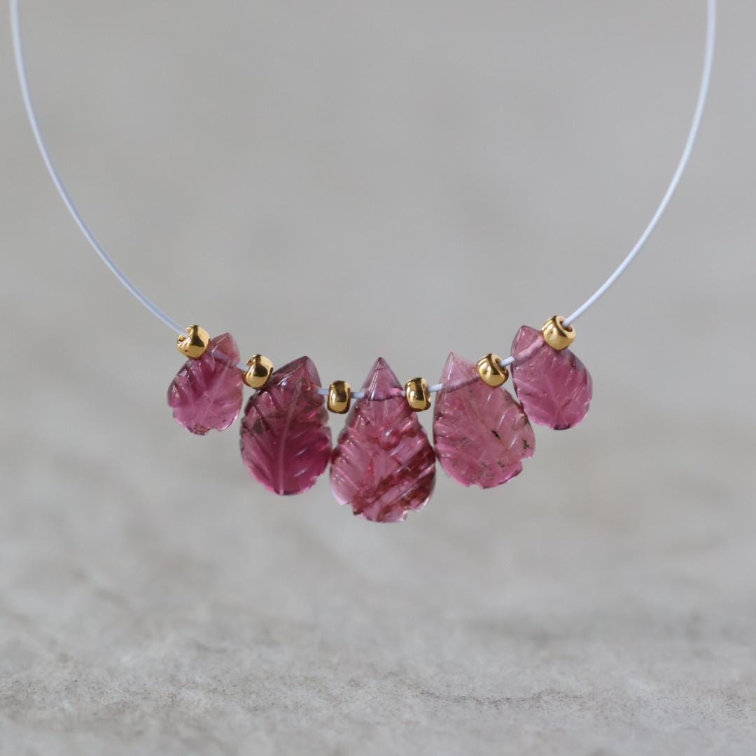 7-10mm Pink Tourmaline Carved Beads Leaf Briolettes 5 PCs Natural Gemstone for DIY Jewelry Making Supplies Earrings