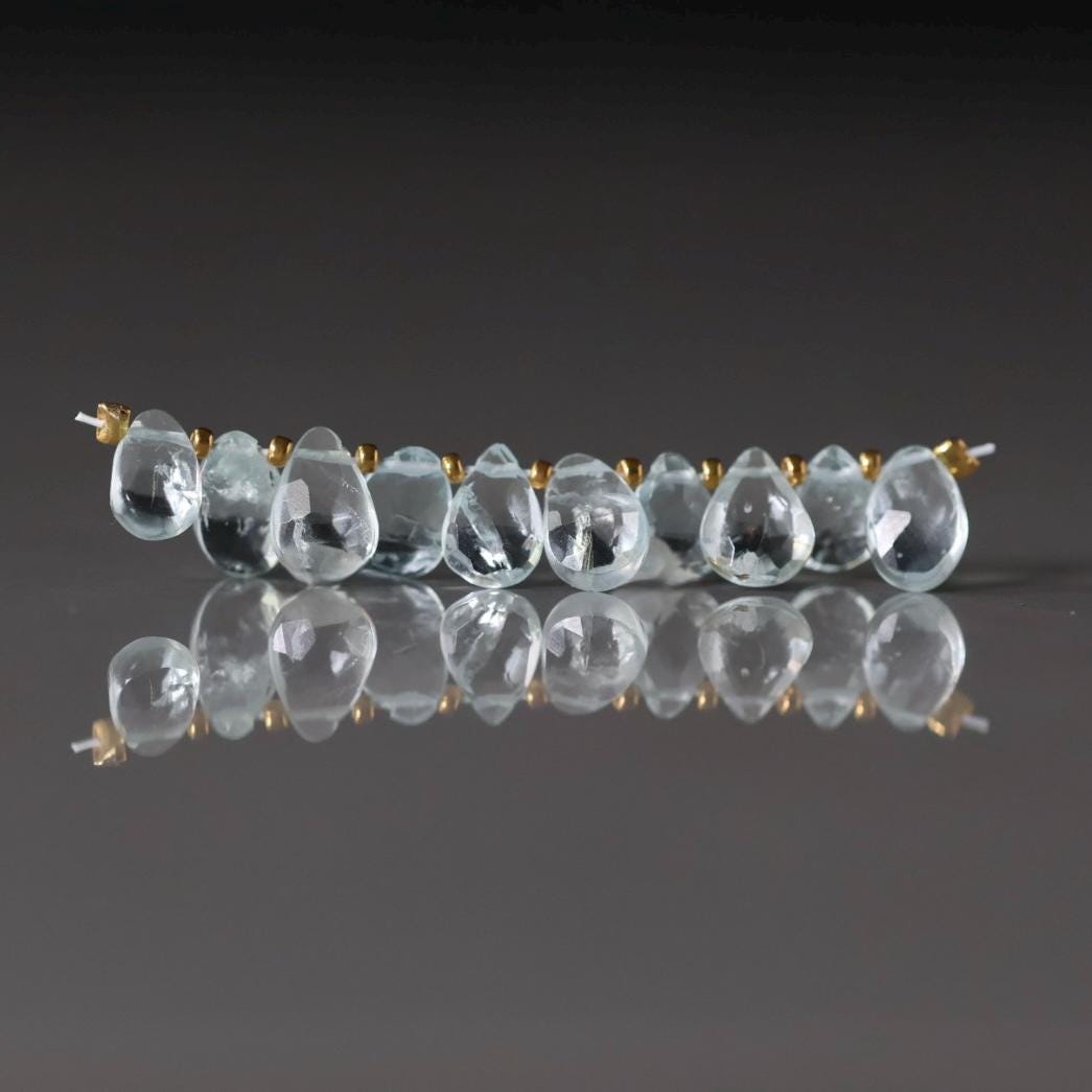 Tiny Natural Aquamarine Faceted Briolette Beads Tear Drops Pear 5-7mm 10Pcs Sparkly Gemstone Beads March Birthstone DIY Jewelry