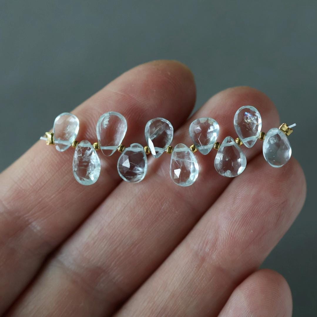 Tiny Natural Aquamarine Faceted Briolette Beads Tear Drops Pear 5-7mm 10Pcs Sparkly Gemstone Beads March Birthstone DIY Jewelry