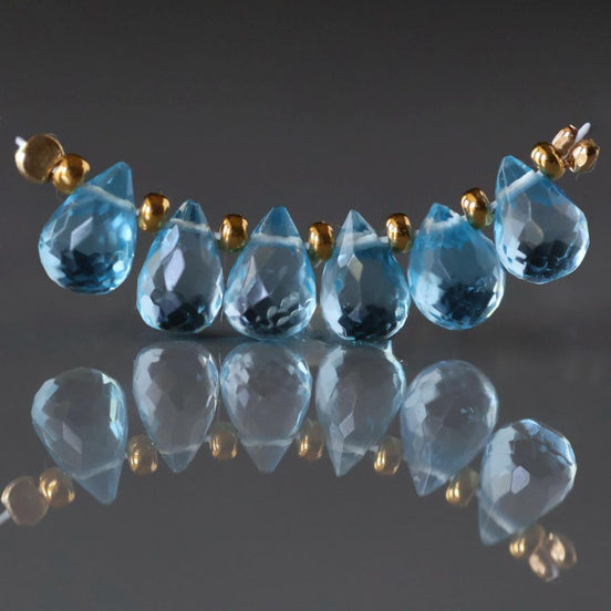 Natural Swiss Blue Topaz Faceted Briolette Beads Tear Drops 7mm x 5mm 6 Pcs Sparkly Gemstone Beads December Birthstone DIY Jewelry