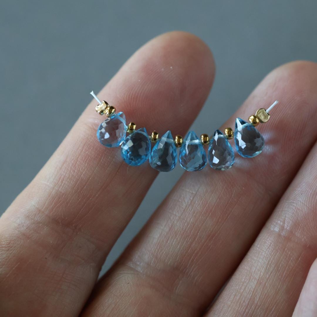 Natural Swiss Blue Topaz Faceted Briolette Beads Tear Drops 7mm x 5mm 6 Pcs Sparkly Gemstone Beads December Birthstone DIY Jewelry