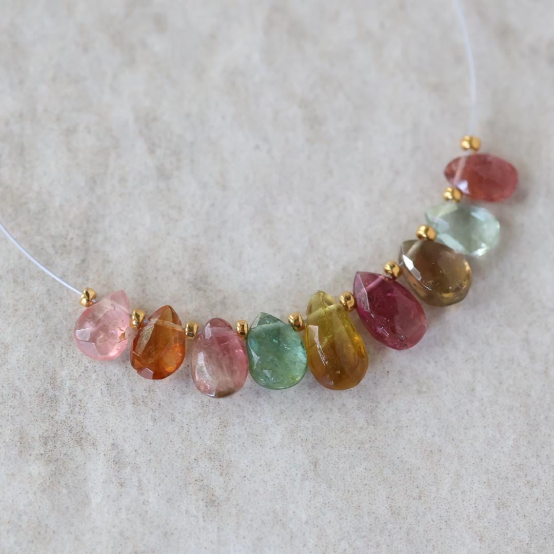 8-6mm Multi Color Tourmaline Briolette Beads Faceted Teardrops Drops 9 PCs Natural Gemstone for DIY Jewelry Making