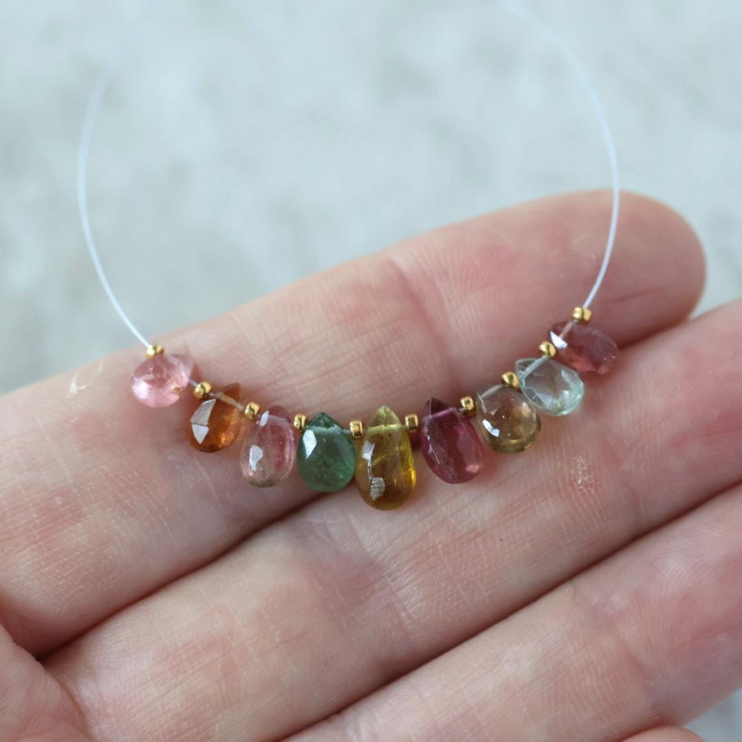 8-6mm Multi Color Tourmaline Briolette Beads Faceted Teardrops Drops 9 PCs Natural Gemstone for DIY Jewelry Making