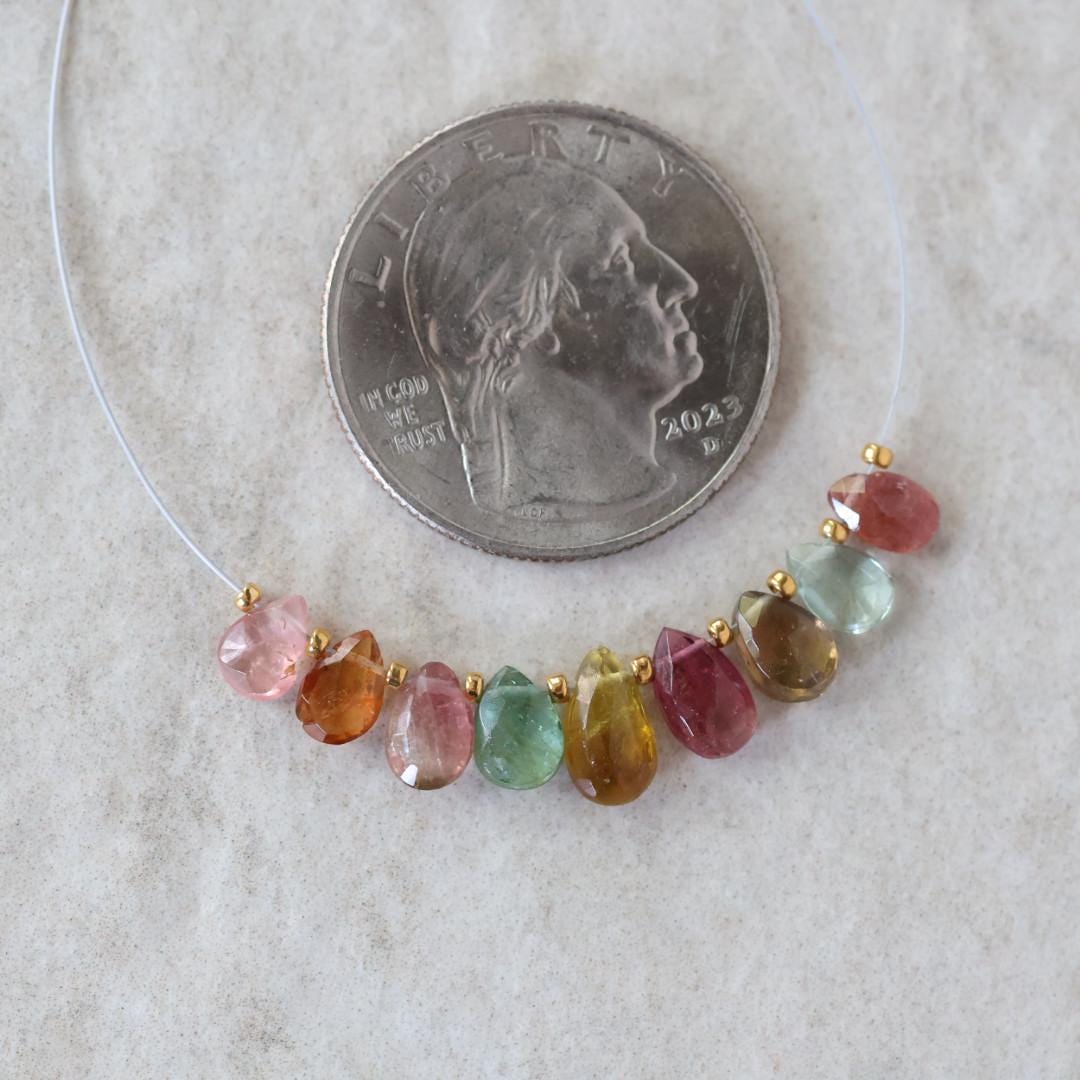 8-6mm Multi Color Tourmaline Briolette Beads Faceted Teardrops Drops 9 PCs Natural Gemstone for DIY Jewelry Making