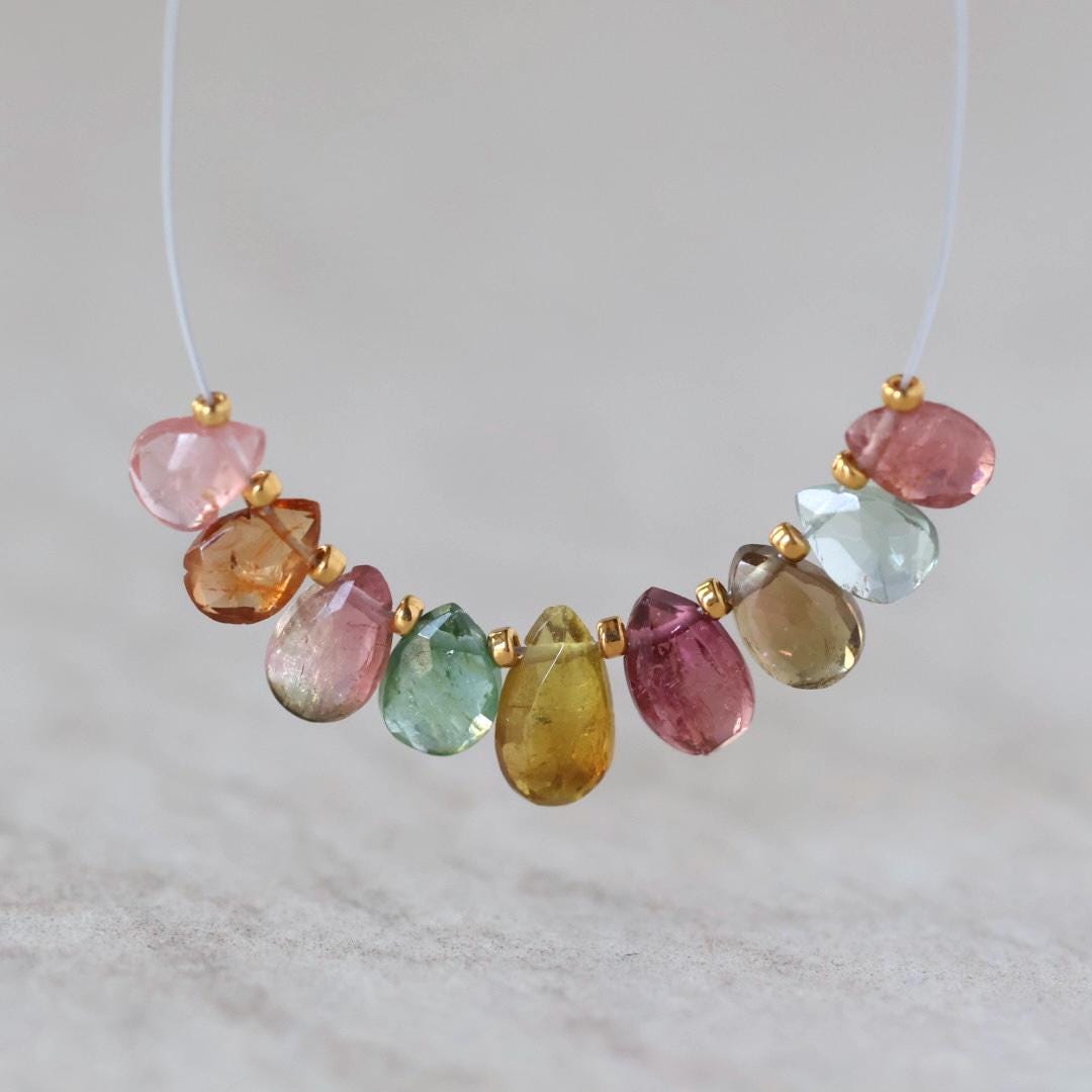 8-6mm Multi Color Tourmaline Briolette Beads Faceted Teardrops Drops 9 PCs Natural Gemstone for DIY Jewelry Making