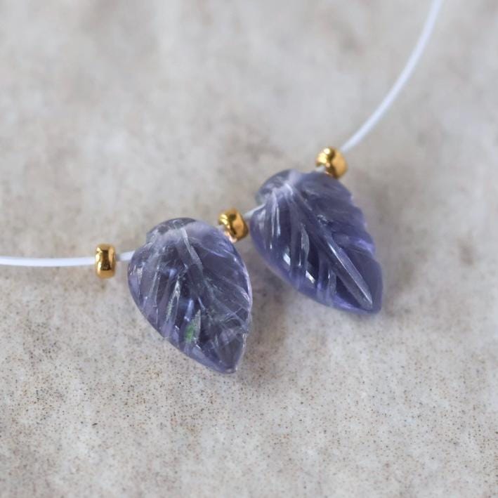 8mm AAA Iolite Leaf Beads Carved 2 Pcs Natural Blue Gemstone for DIY Jewelry Making