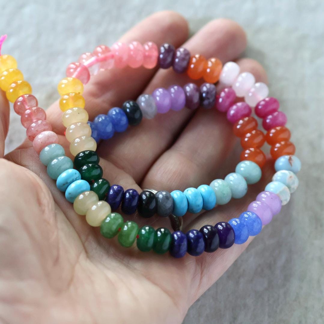 8mm Multi Gemstone Beads Rainbow Smooth Rondelle Trendy Colorful Gemstones for Silk Knotting Jewelry Making DIY Necklace Bracelet