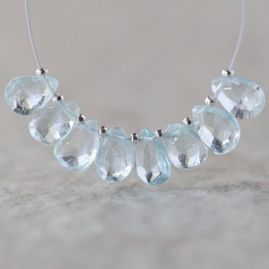 8mm Natural Aquamarine Faceted Briolette Beads Teardrops Drops 8 Pcs Gemstone for DIY Jewelry Making