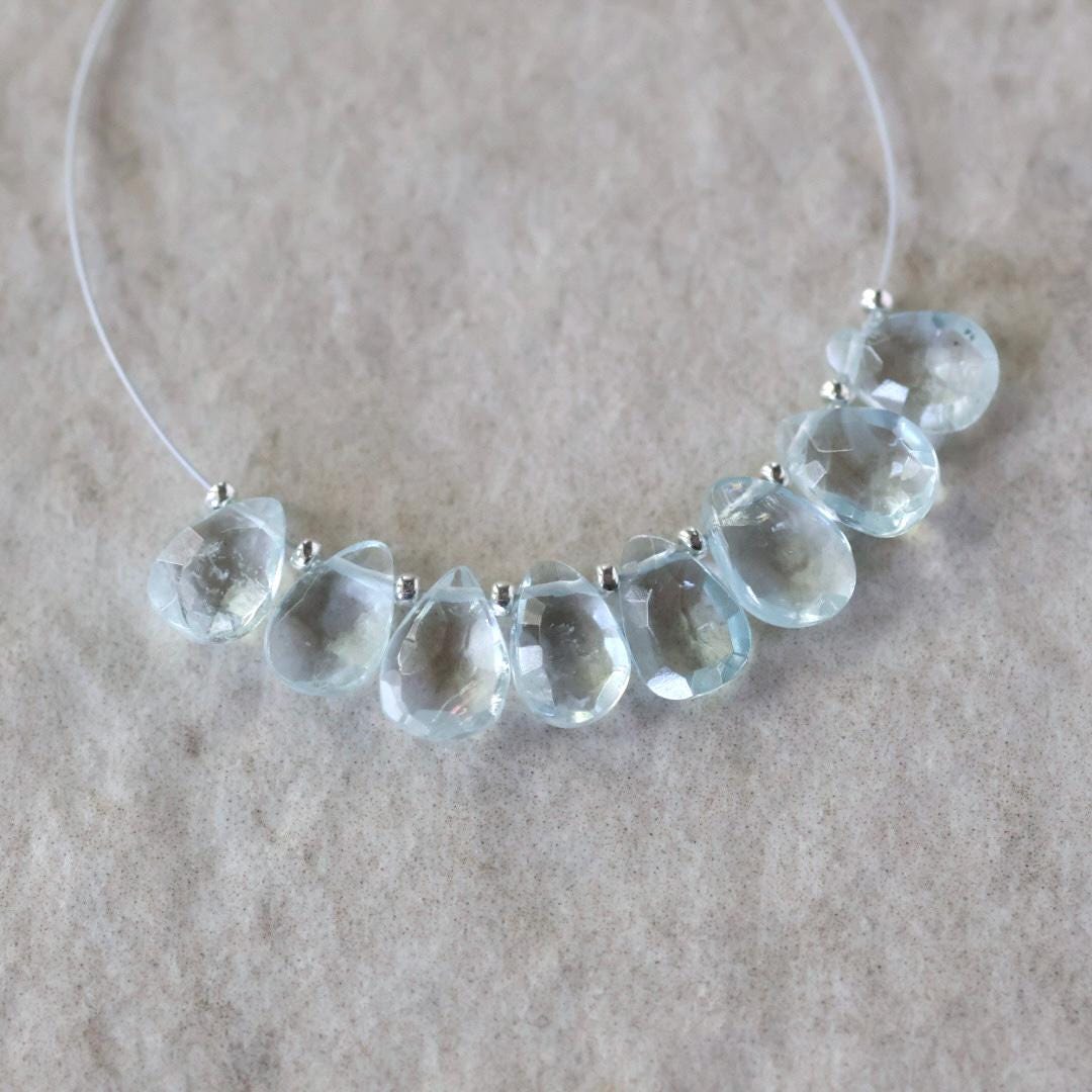 8mm Natural Aquamarine Faceted Briolette Beads Teardrops Drops 8 Pcs Gemstone for DIY Jewelry Making