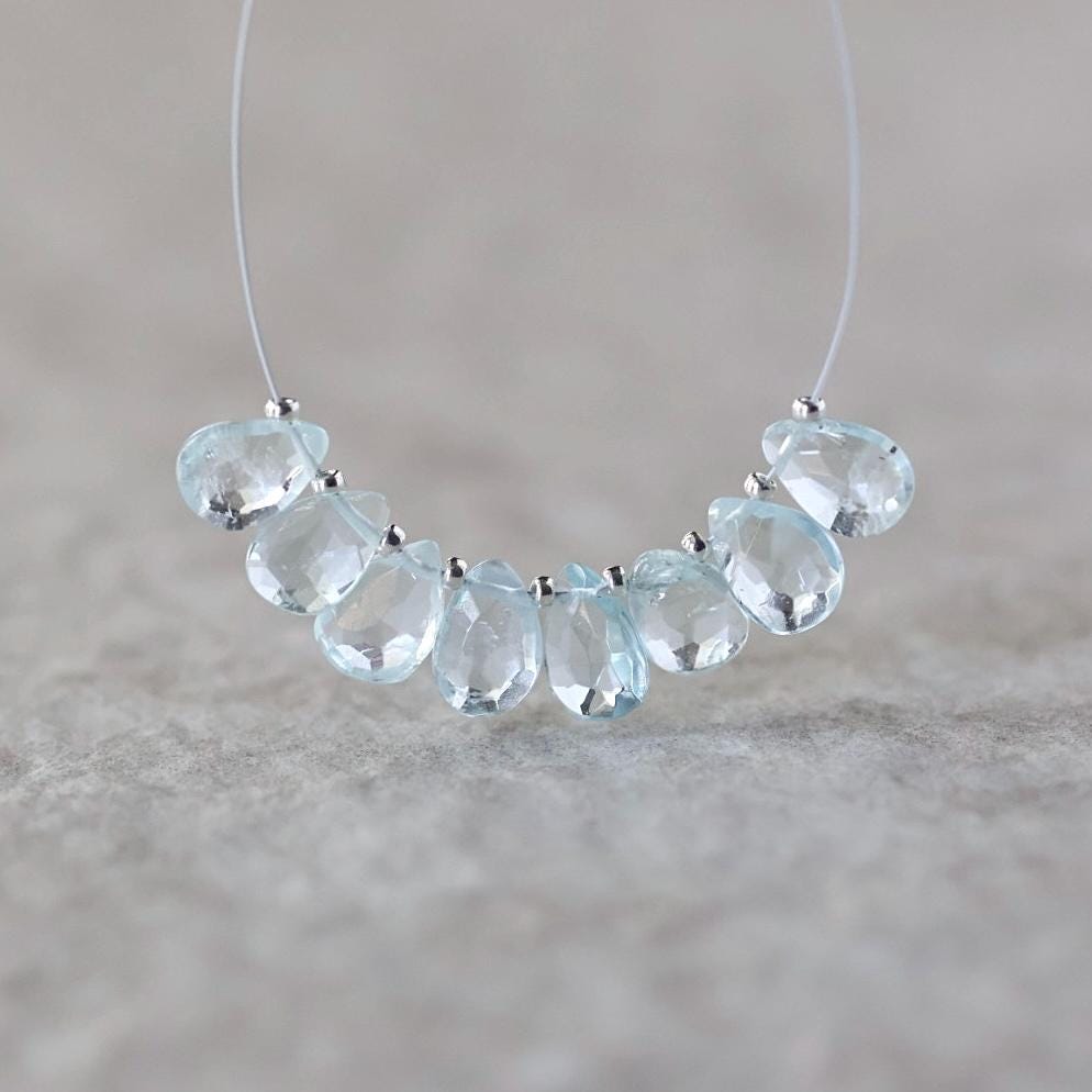 8mm Natural Aquamarine Faceted Briolette Beads Teardrops Drops 8 Pcs Gemstone for DIY Jewelry Making