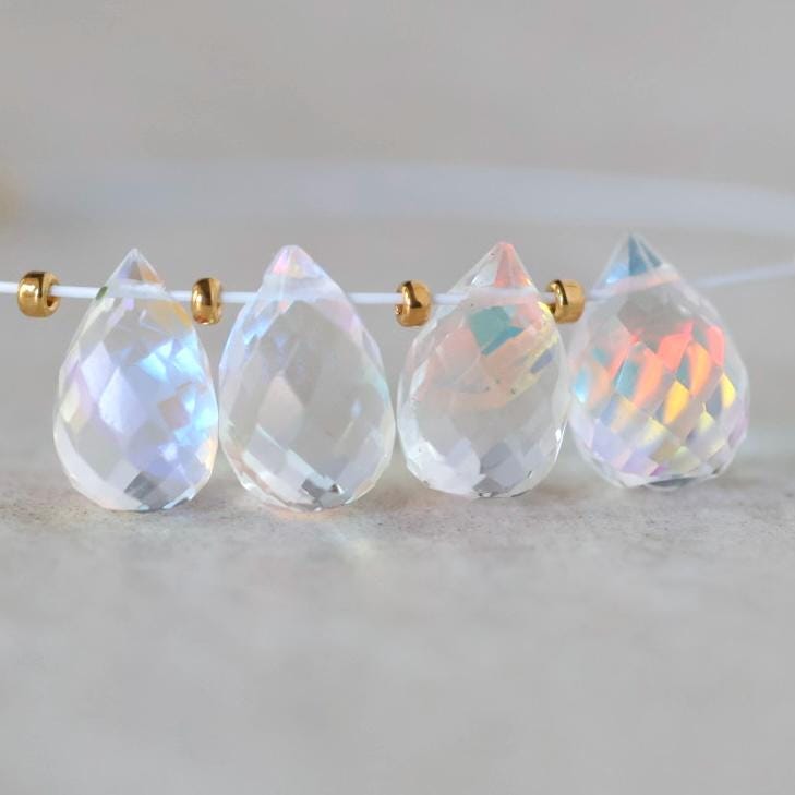 9mm Rainbow Fire Clear Quartz Briolette Beads Faceted Teardrops Pear Shape 4 Pcs Sparkly Gemstone Drops for DIY Jewelry Making