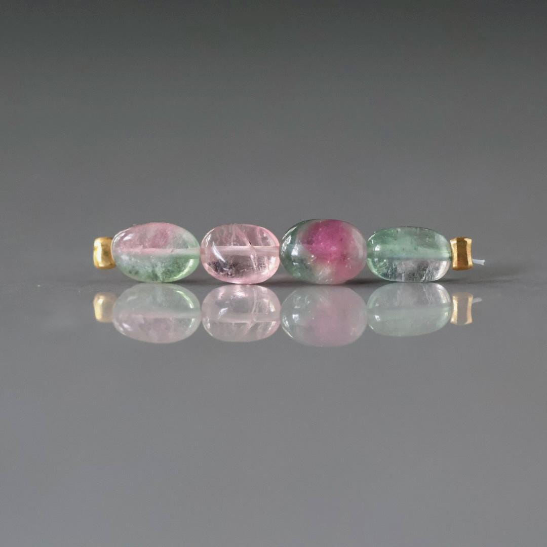 Pastel Bio Tourmaline Oval Beads Smooth 4 PCs Genuine Bi Color Pink Green Gemstone Beads DIY Jewelry Making Gift October Birthstone
