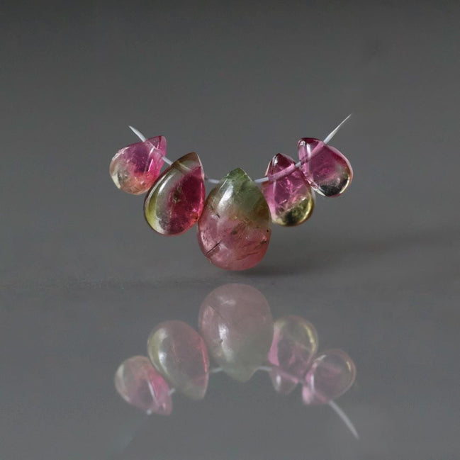 Bio Tourmaline Briolettes Beads Smooth 5 PCs Genuine Bi Color Pink Green Gemstone Pear Drop Beads DIY Jewelry Making October Birthstone
