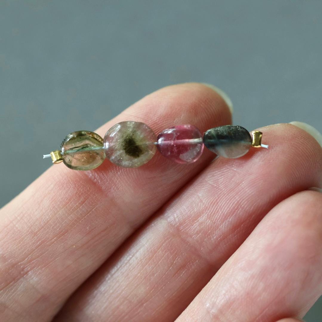 Bio Tourmaline Oval Beads Smooth 4 PCs Genuine Bi Color Pink Green Gemstone Beads DIY Jewelry Making Gift October Birthstone
