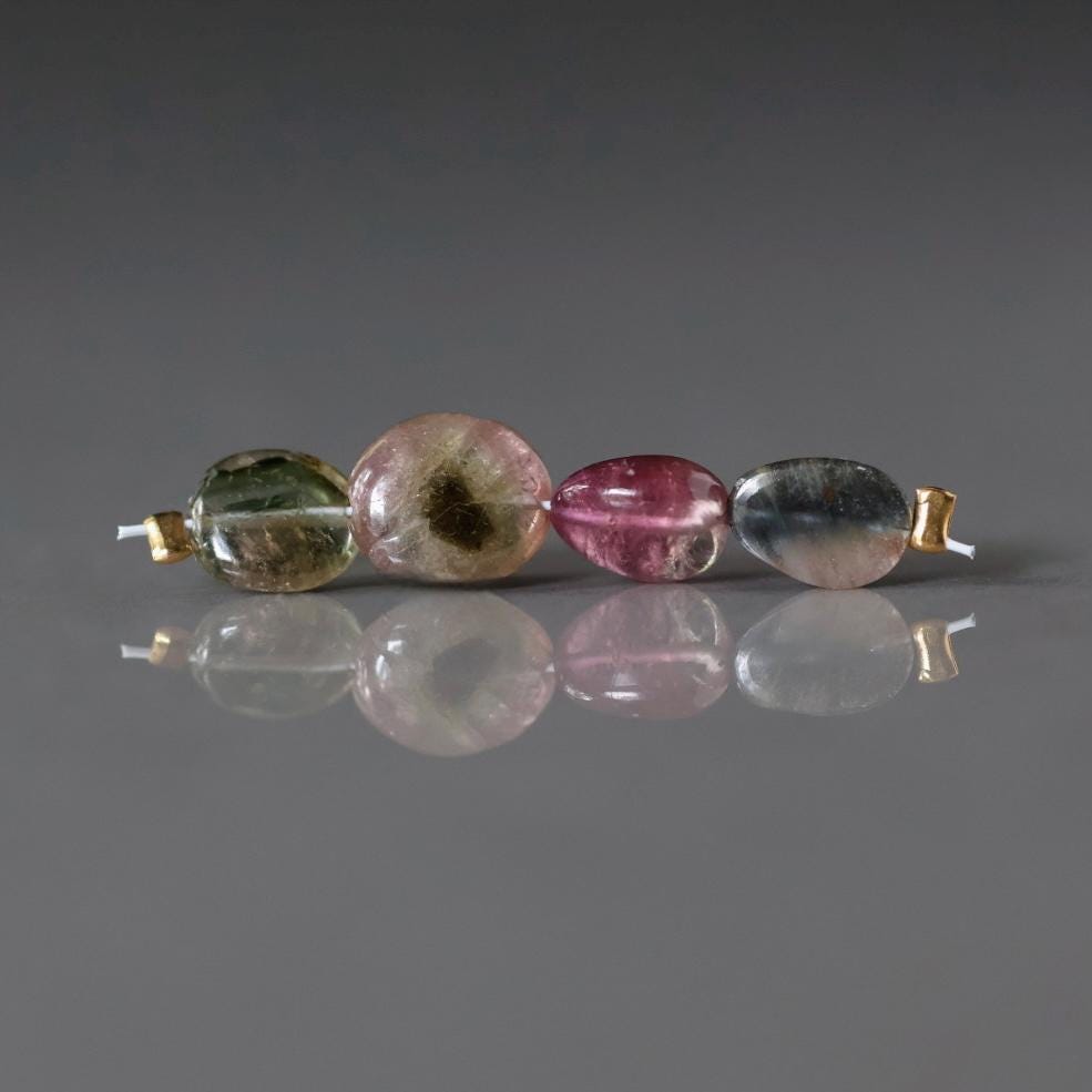 Bio Tourmaline Oval Beads Smooth 4 PCs Genuine Bi Color Pink Green Gemstone Beads DIY Jewelry Making Gift October Birthstone
